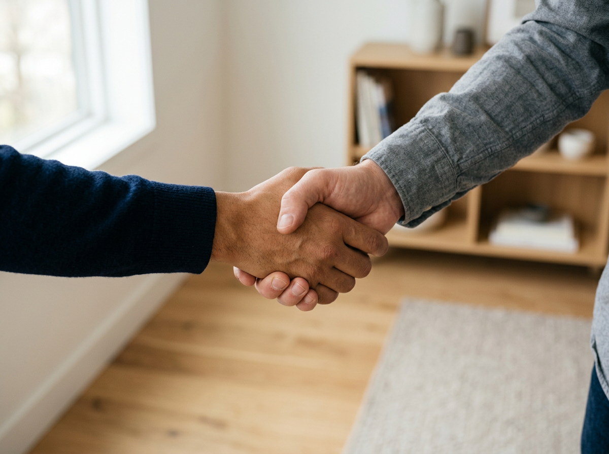Close-up of two people shaking hands, one wearing a dark sweater and the other in a gray shirt, inside a room with wooden shelves and a window.