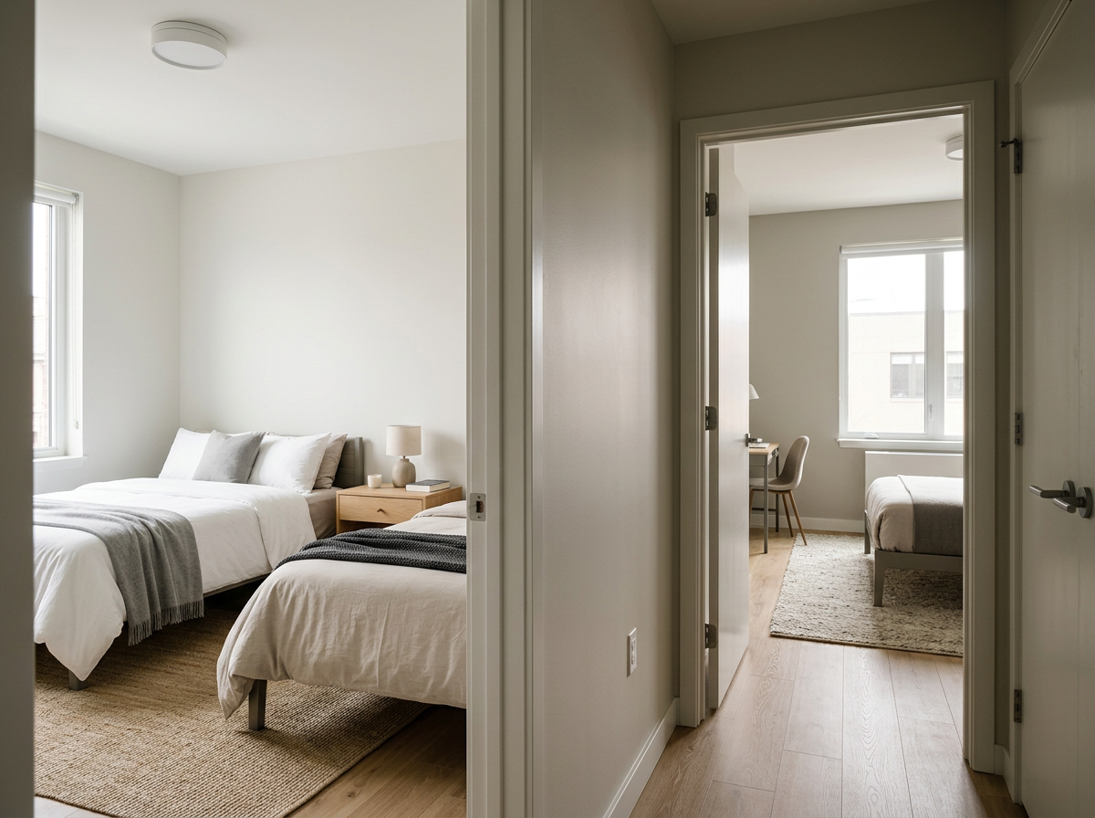 Two bedrooms in a house with minimalist decor and natural lighting. The bedroom in the foreground has two beds with white linens, a bedside table with a lamp, and a window. The bedroom in the background has a bed, a window, and a desk with a chair. Both rooms have light-colored walls and wooden floors.