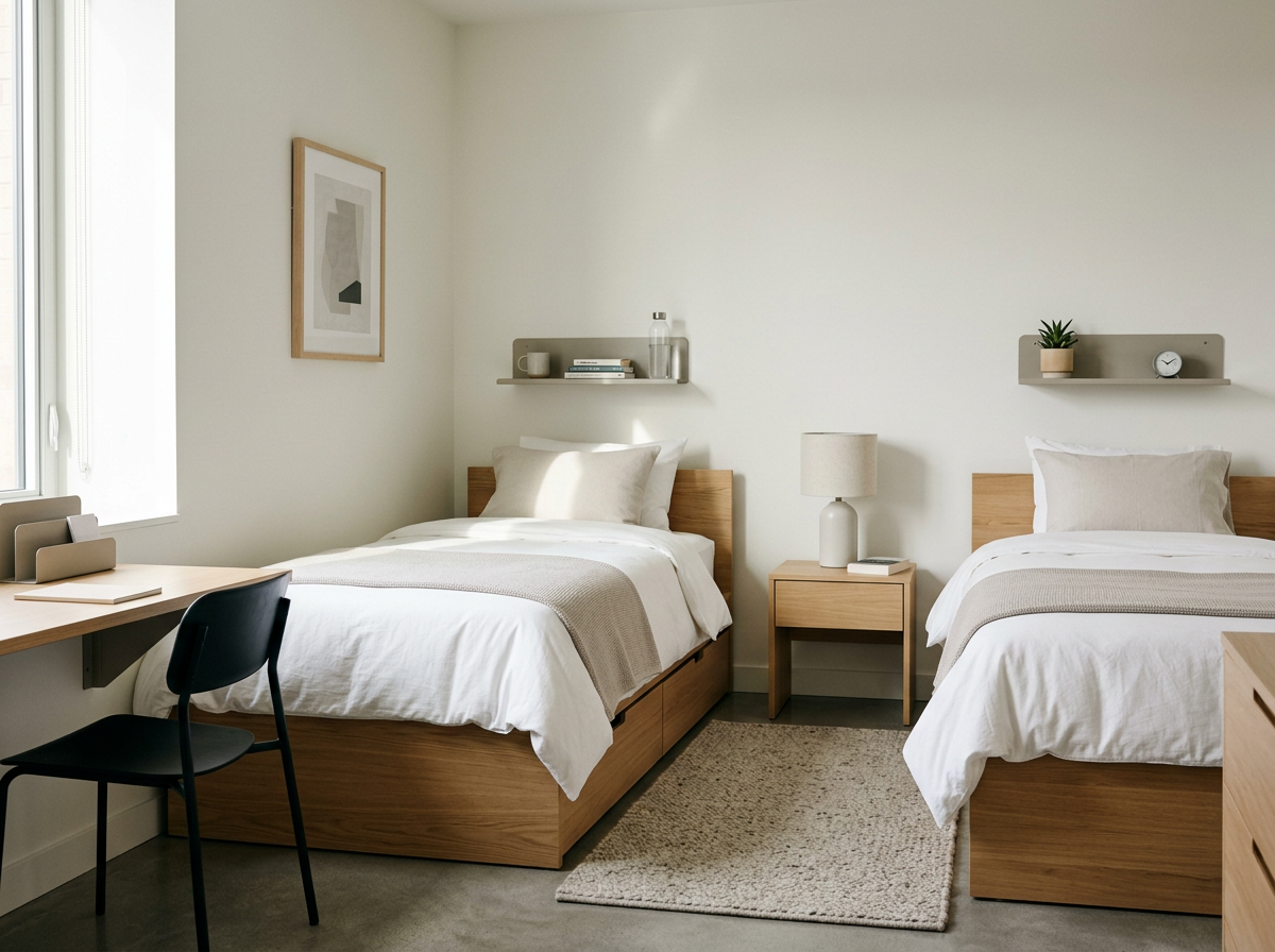 A bedroom with two twin beds with wooden headboards, white bedding, and beige blankets. There is a window on the left, a small nightstand with a lamp between the beds, and shelves with decorative items on the wall. A black chair and wooden desk are near the window.