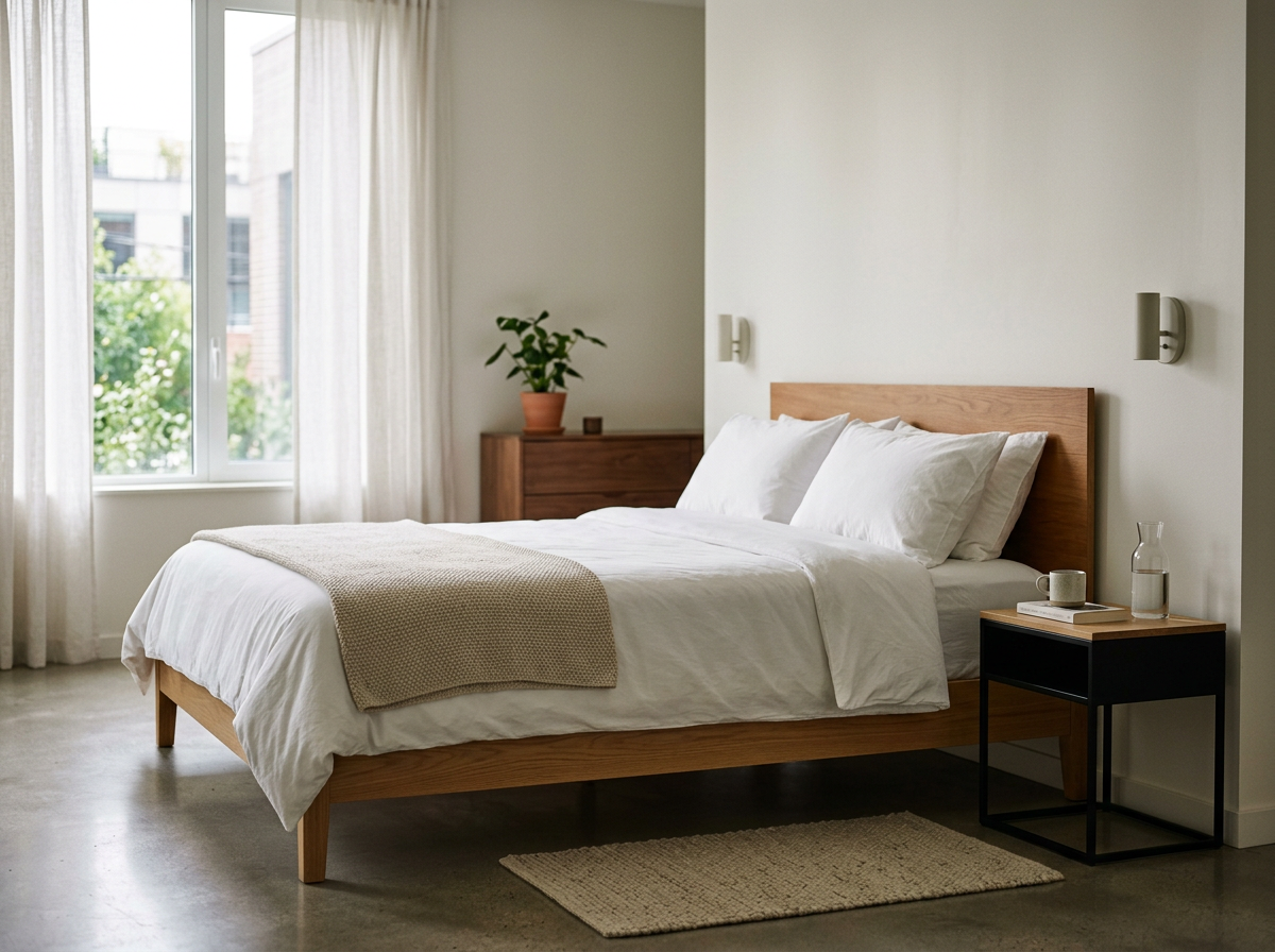 A minimalist bedroom with a wooden bed frame, white bedding, and pillows. A small black nightstand with a cup, a book, and a glass water pitcher. A wooden dresser with a potted plant near a window with sheer curtains. A beige rug on a concrete floor.