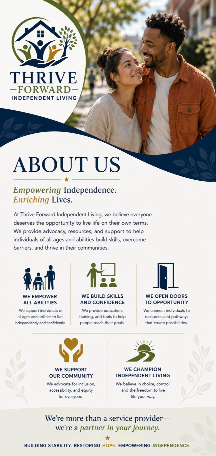 Brochure for Thrive Forward Independent Living, featuring a smiling couple outdoors, with sections about empowering independence, building skills, opening doors to opportunity, supporting community, and championing independent living, including icons of people, a chalkboard, a door, hands with a heart, and a sun with a road.