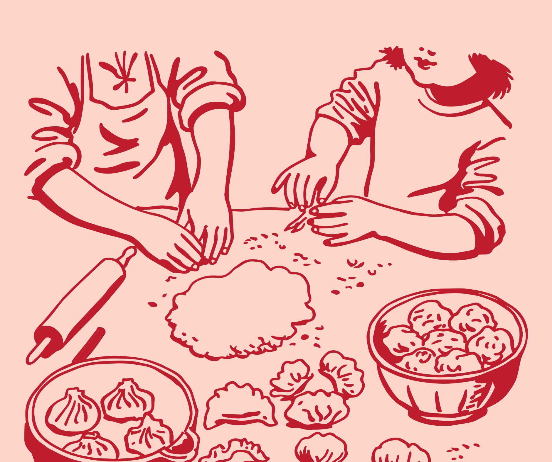 Line drawing of children reaching for food at a table, with dishes of dumplings, lettuce, and a bowl of round food items.