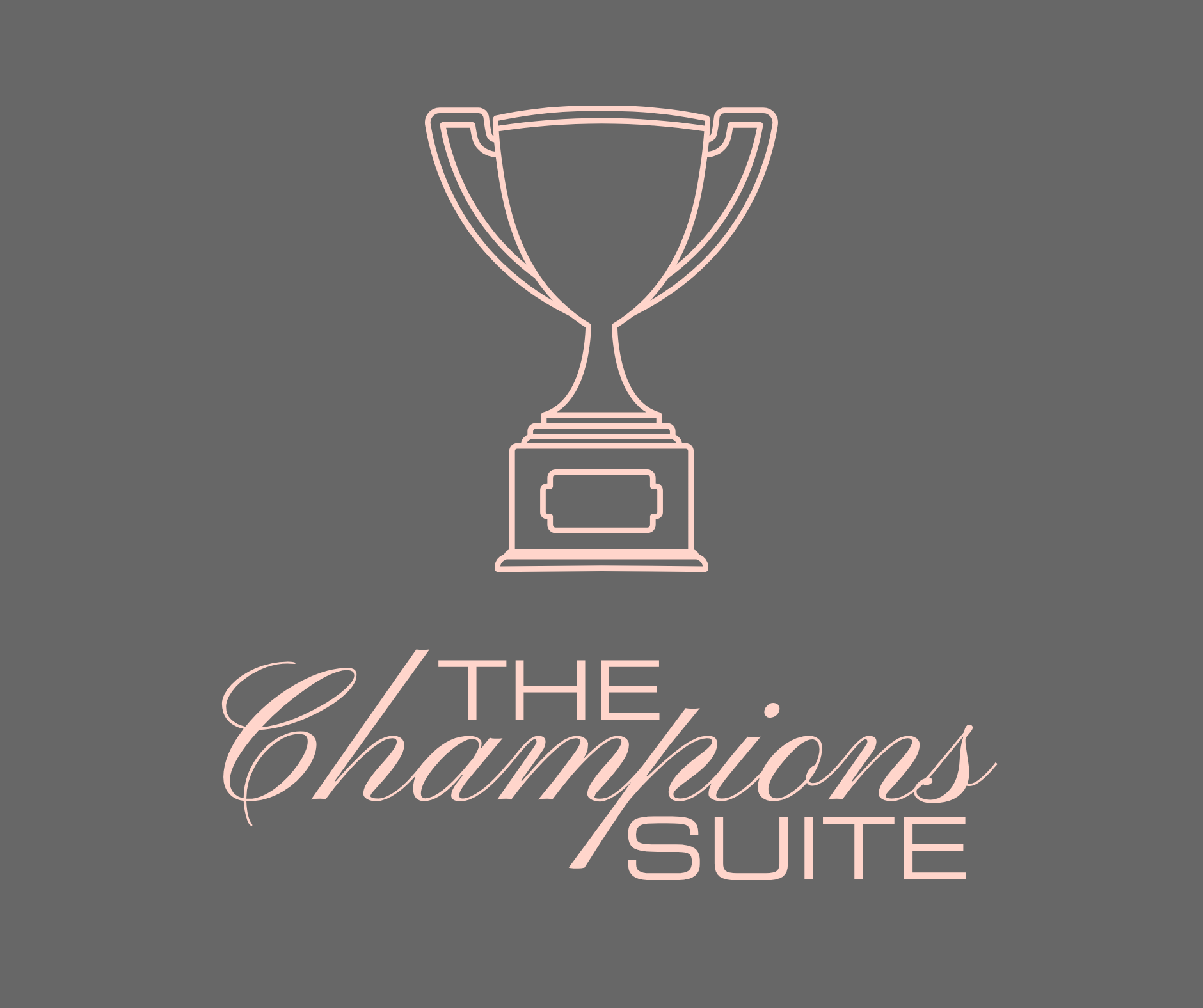 Neon sign of a trophy and the words "The Champton's Suite" on a dark background.