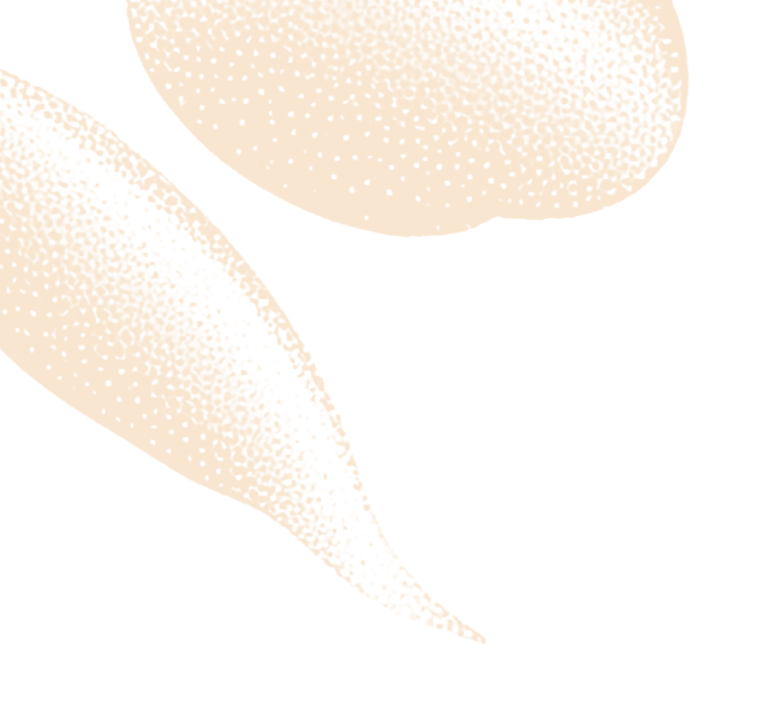 Close-up of two stylized, abstract beige leaves with black dotted shading on a black background.