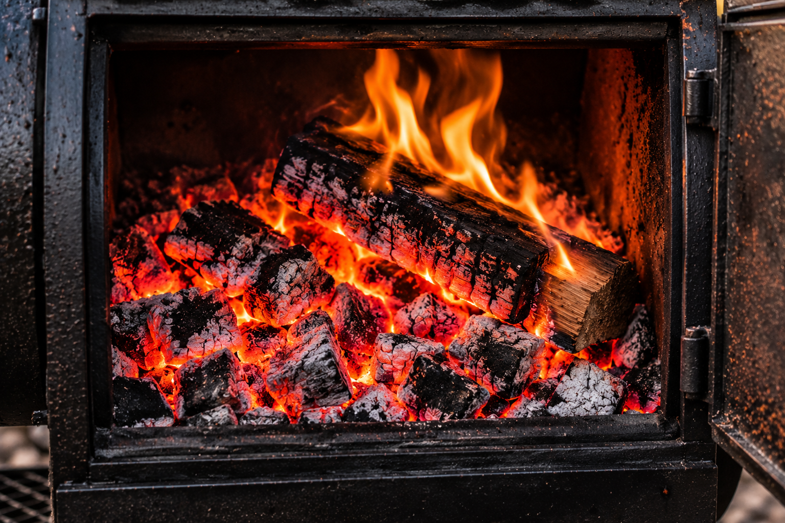 Strong bed of glowing coals and burning hardwood in an offset smoker firebox