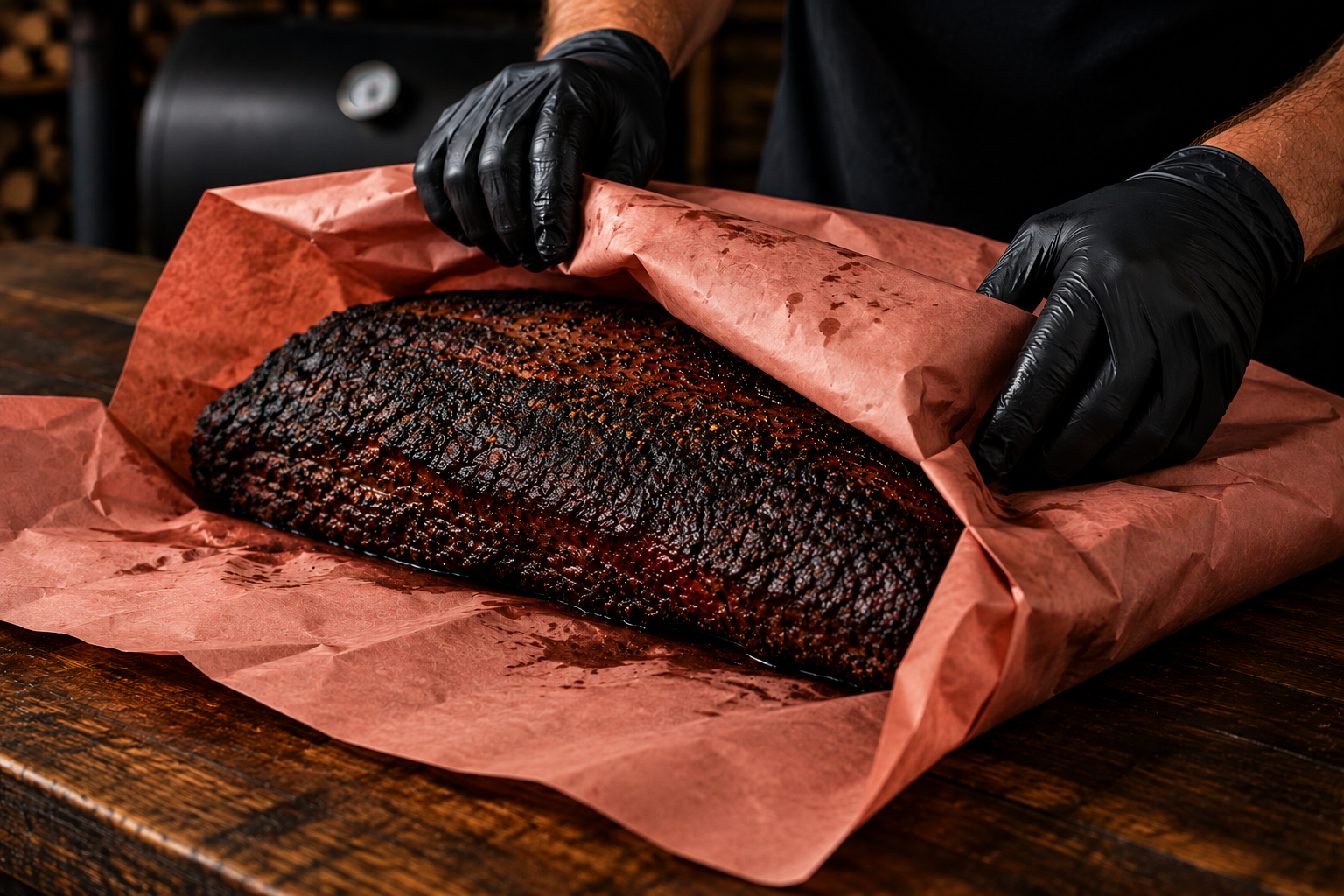 Wrapping a smoked brisket with set bark in butcher paper