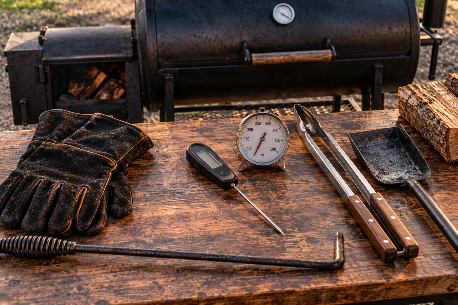 Essential BBQ tools including an instant-read thermometer, grate thermometer, long tongs, heat-resistant gloves, and fire poker