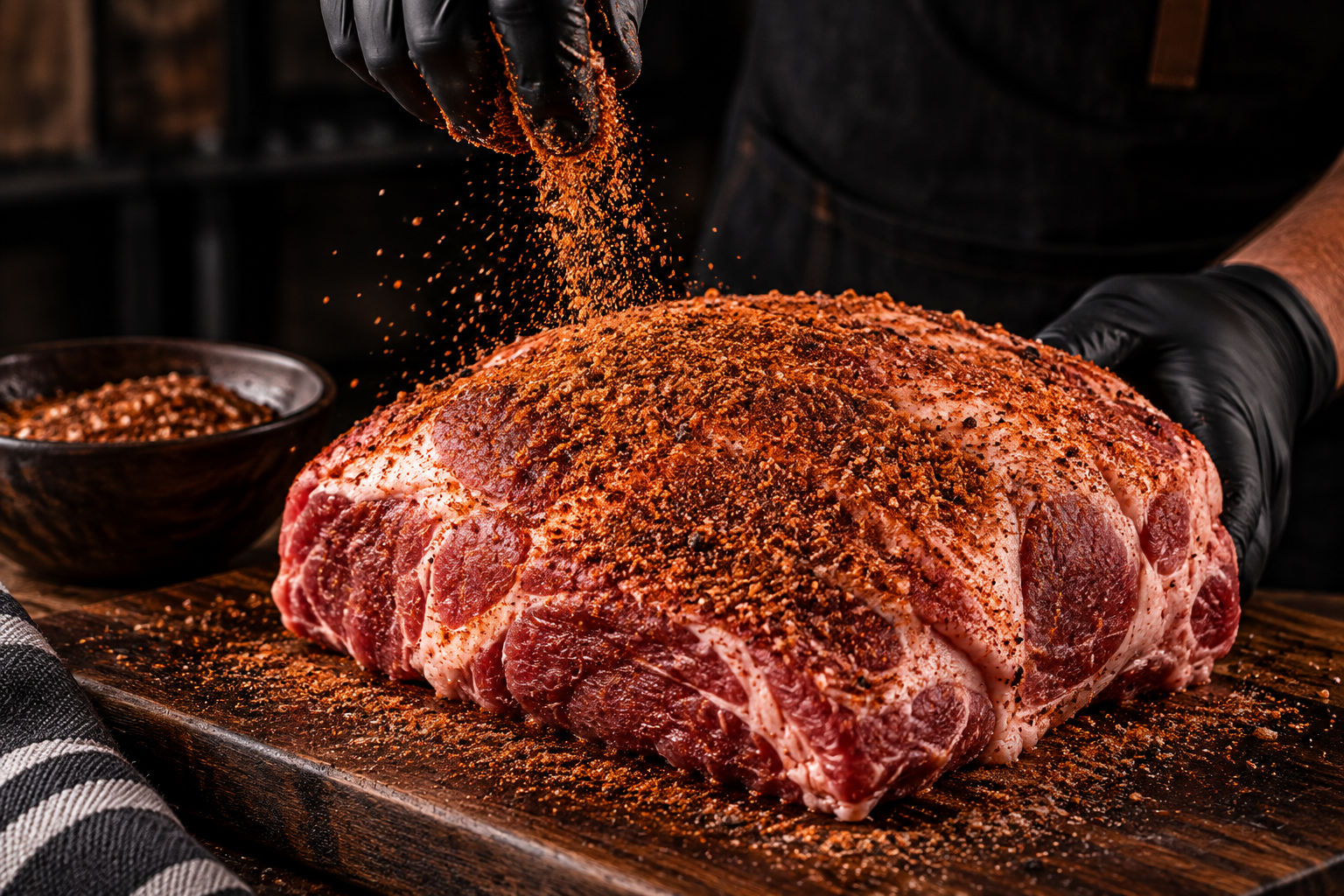 Seasoning a trimmed pork butt evenly with barbecue rub before smoking