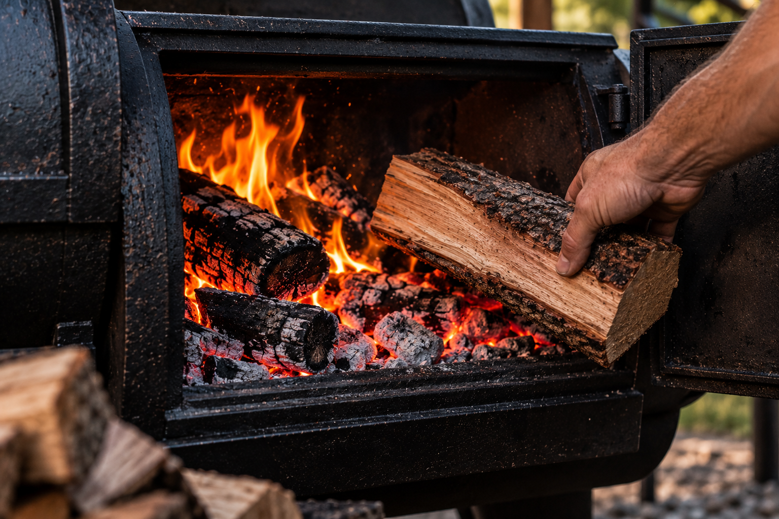 Adding a hardwood split to a burning coal bed in an offset smoker