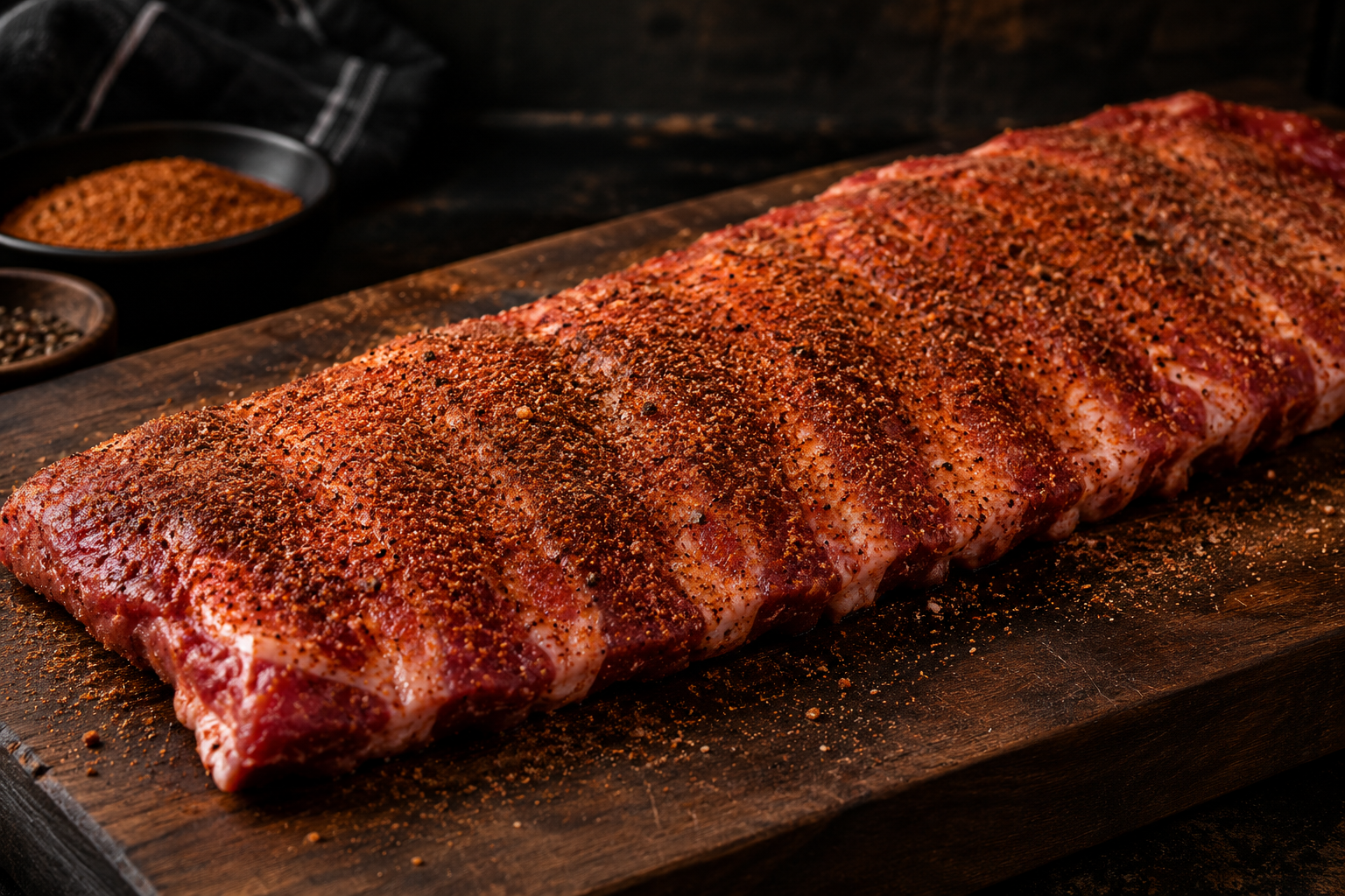 Rack of pork ribs evenly coated with barbecue seasoning before smoking