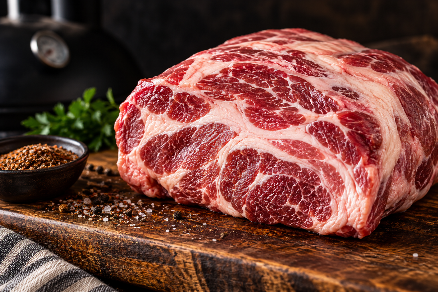 Raw bone-in pork butt with good marbling and an even shape