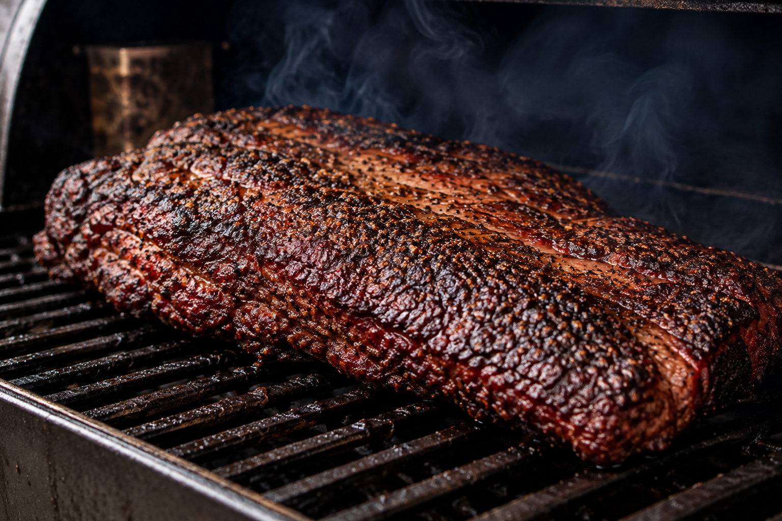 Smoked brisket developing a dark bark on the smoker