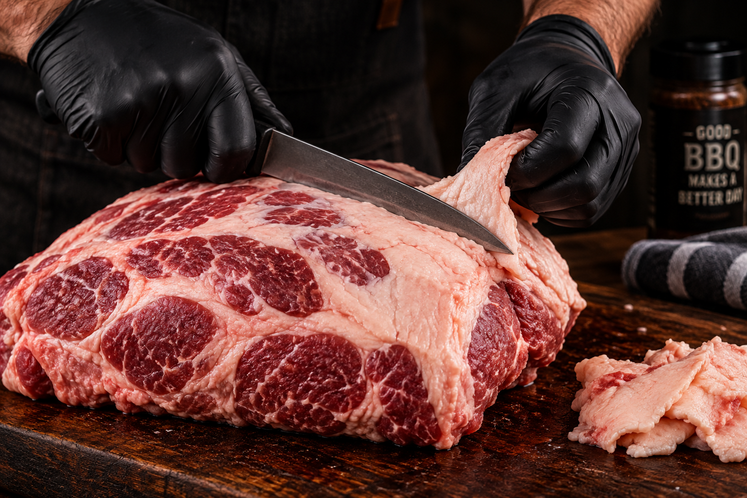 Trimming excess fat and loose pieces from a raw pork butt before smoking