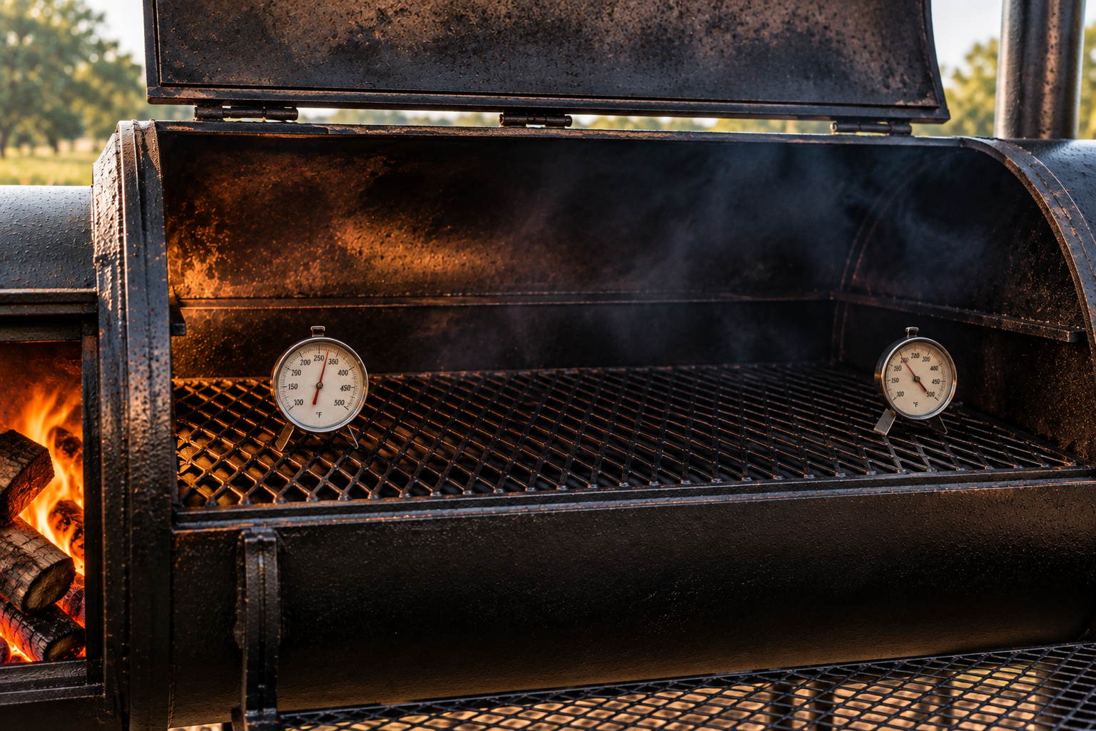 Grate-level thermometers checking hot and cool zones inside an offset smoker