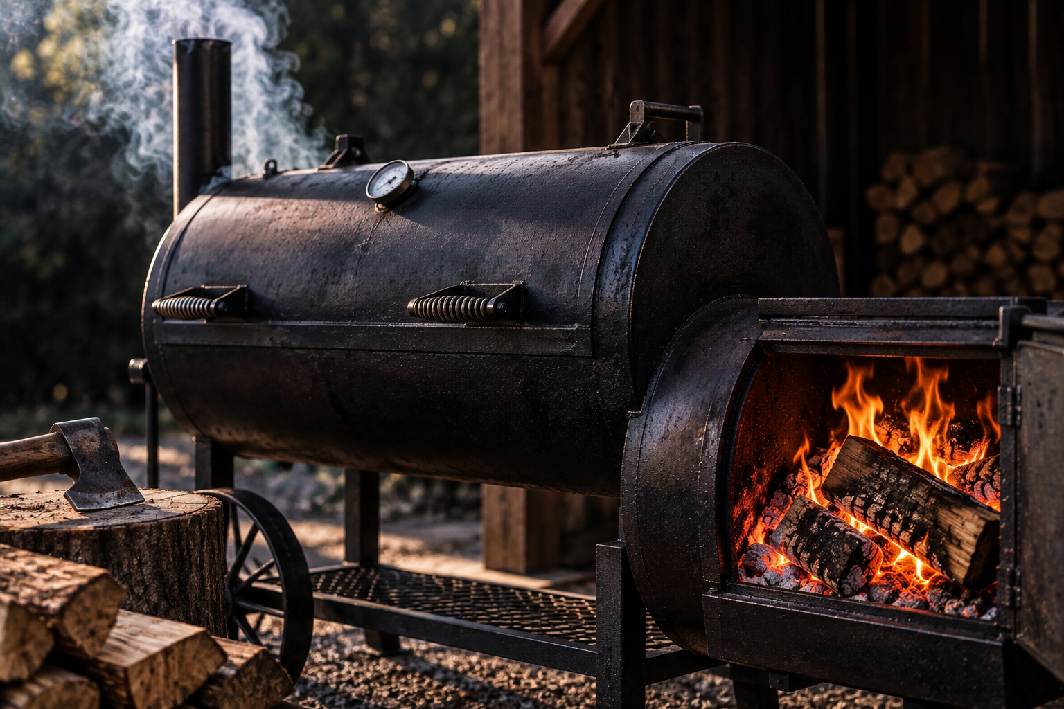 Offset smoker with a clean wood fire burning in the firebox