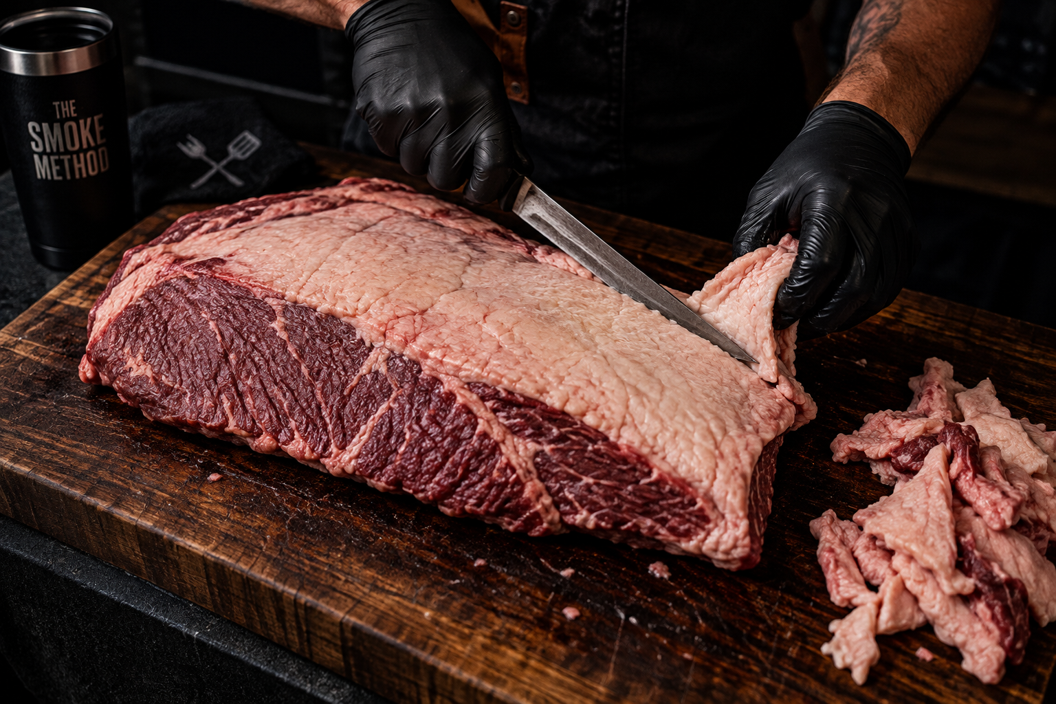 Trimming excess fat and thin edges from a whole packer brisket
