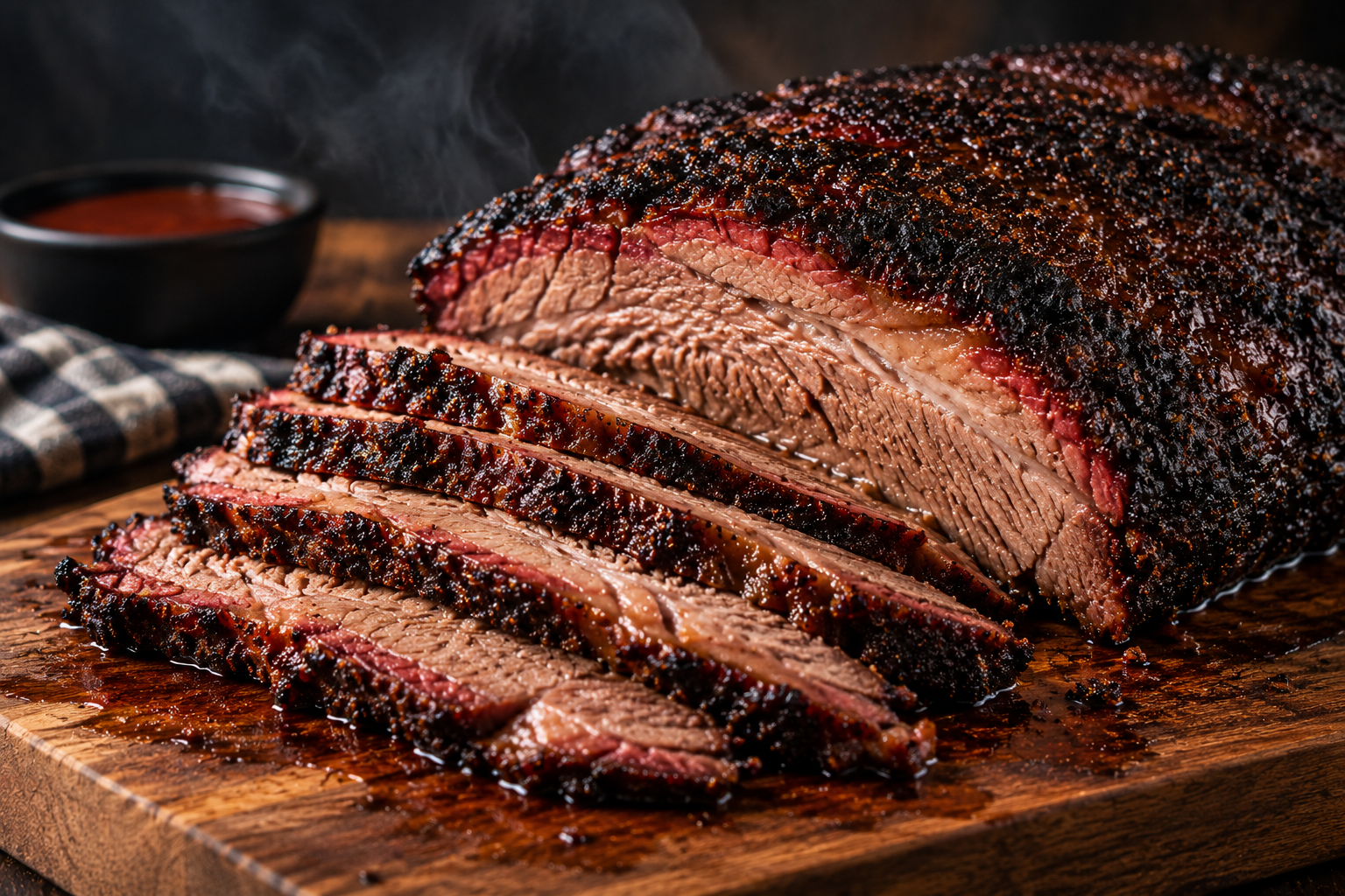 Sliced smoked brisket with dark bark and a juicy interior