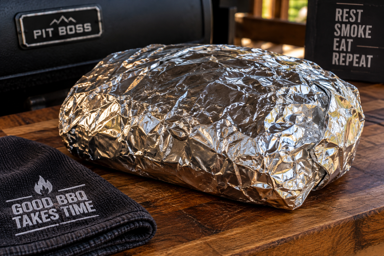 Foil-wrapped pork butt resting before being pulled