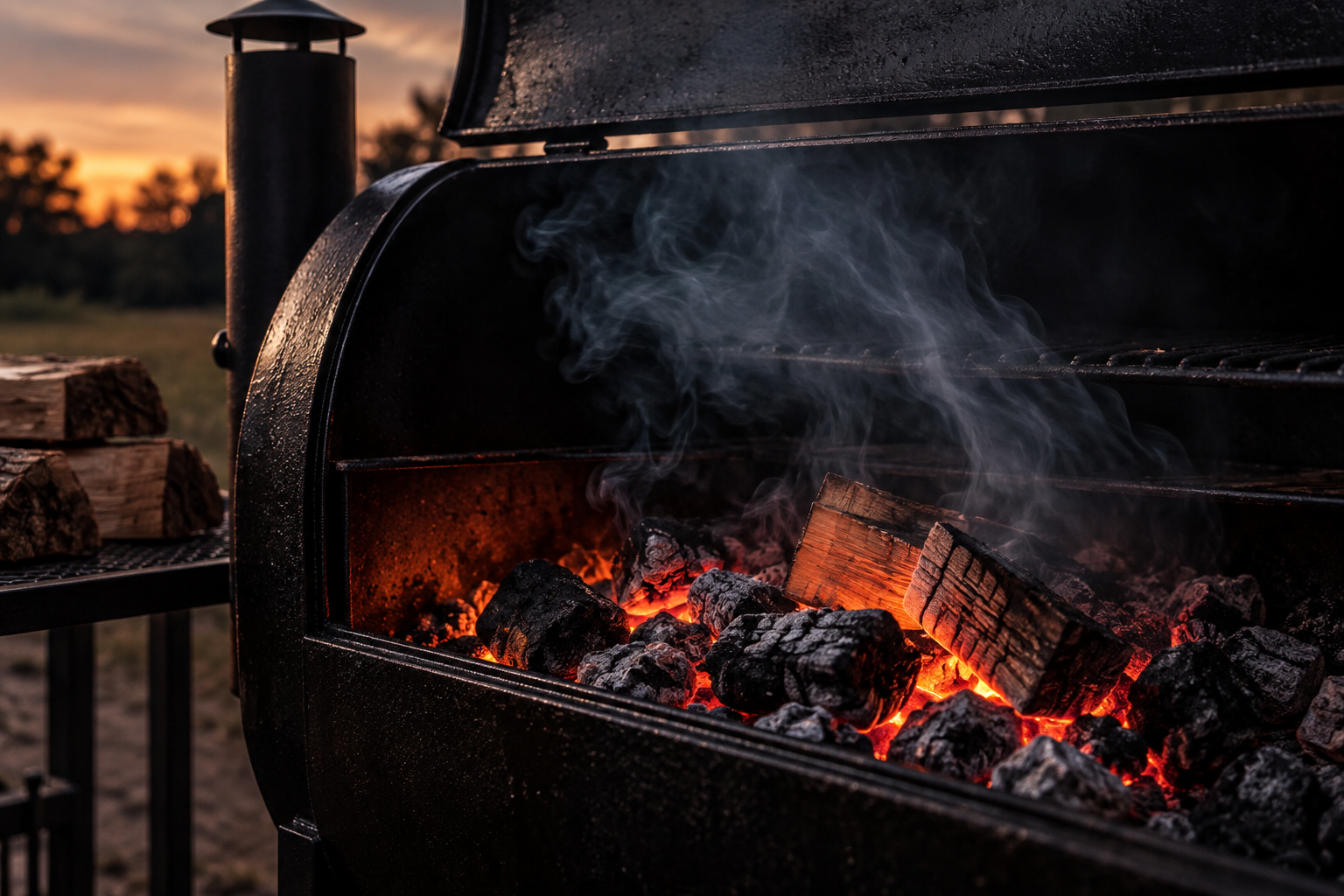 Clean wood fire and glowing coal bed in an offset smoker