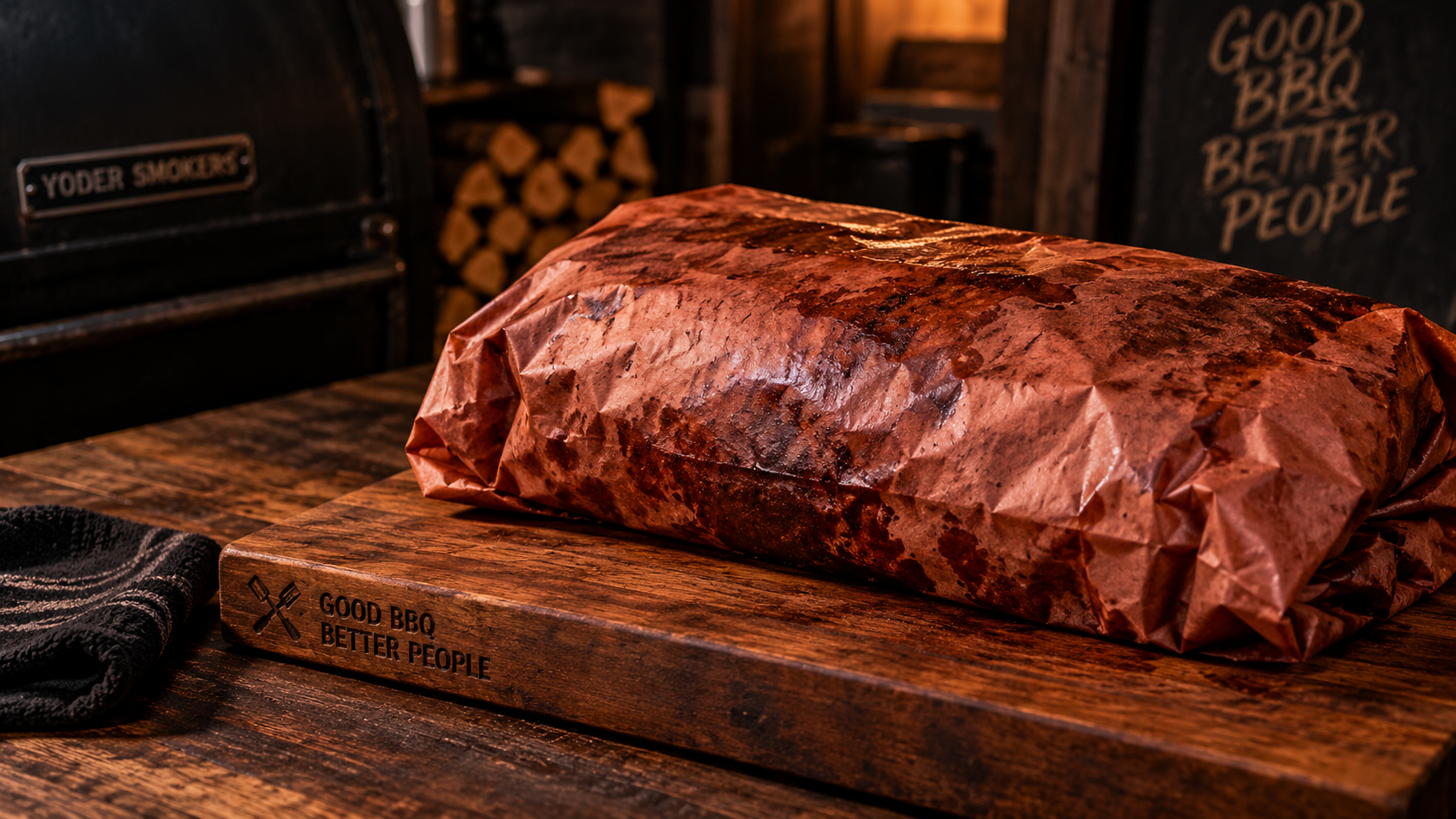 Wrapped smoked brisket resting in butcher paper before slicing