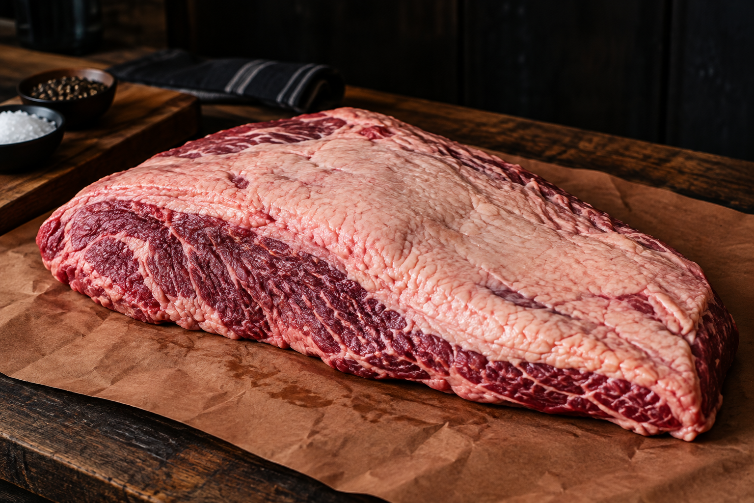 Whole packer brisket with visible marbling and an even, thick flat