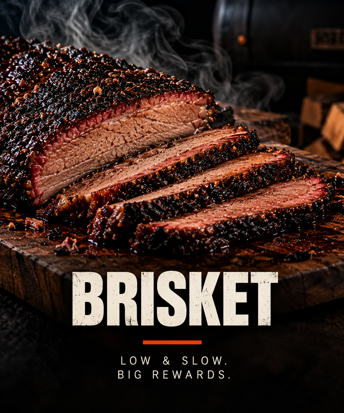 Sliced smoked brisket with dark bark