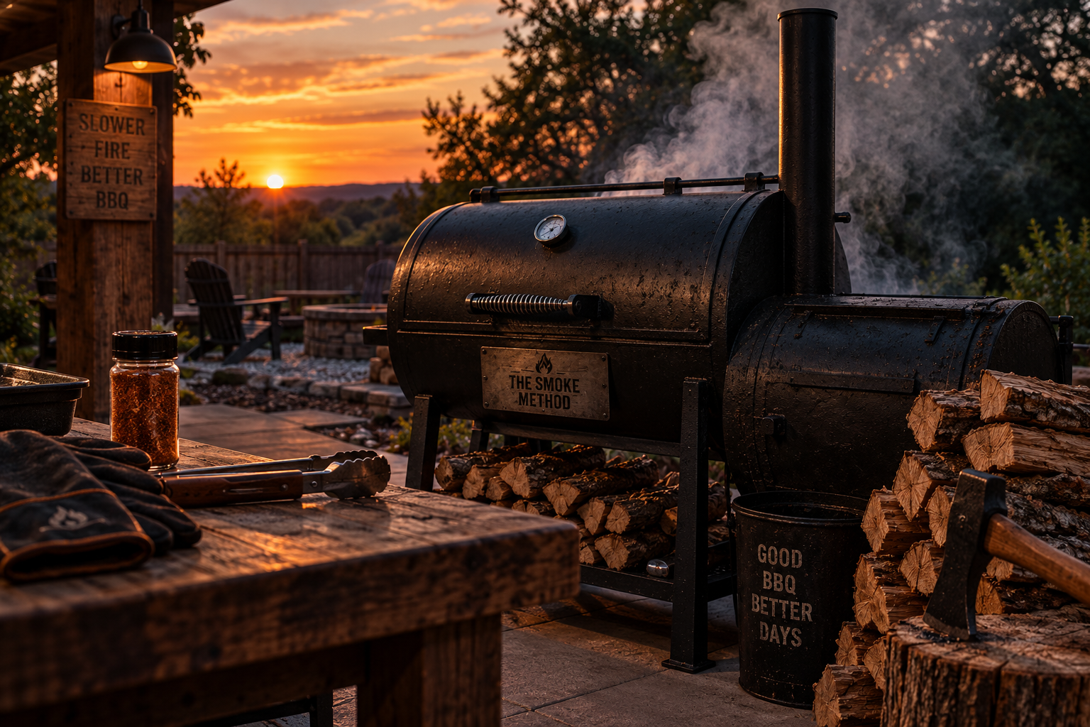 Offset smoker producing clean smoke at sunset, surrounded by firewood and barbecue tools.