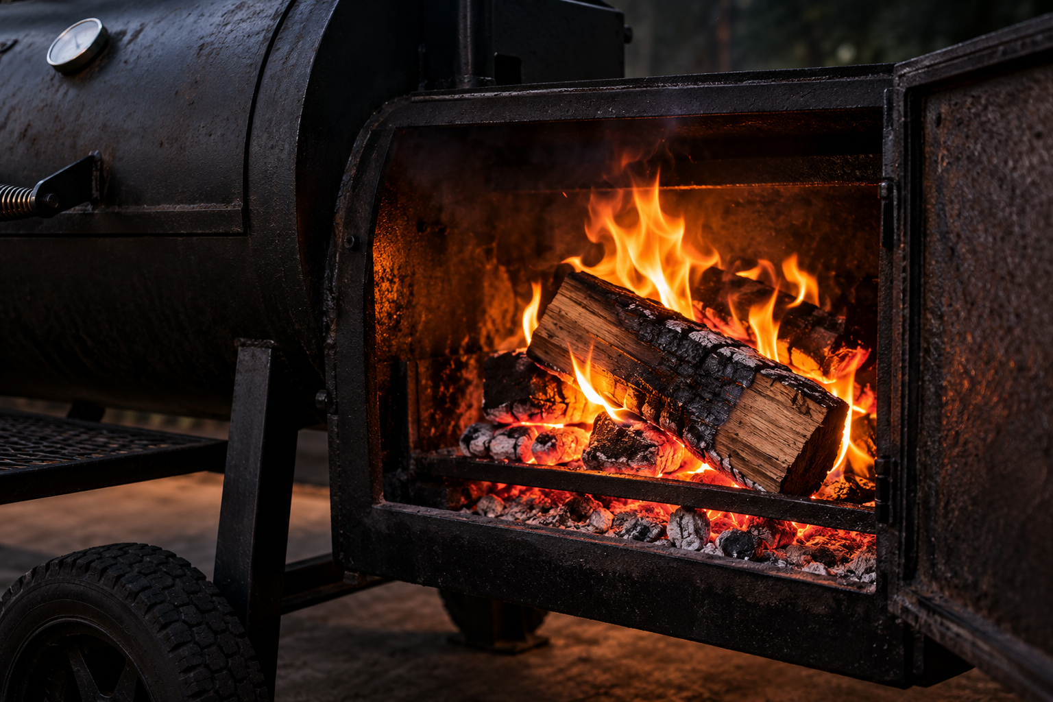 Clean wood fire burning in an offset smoker firebox