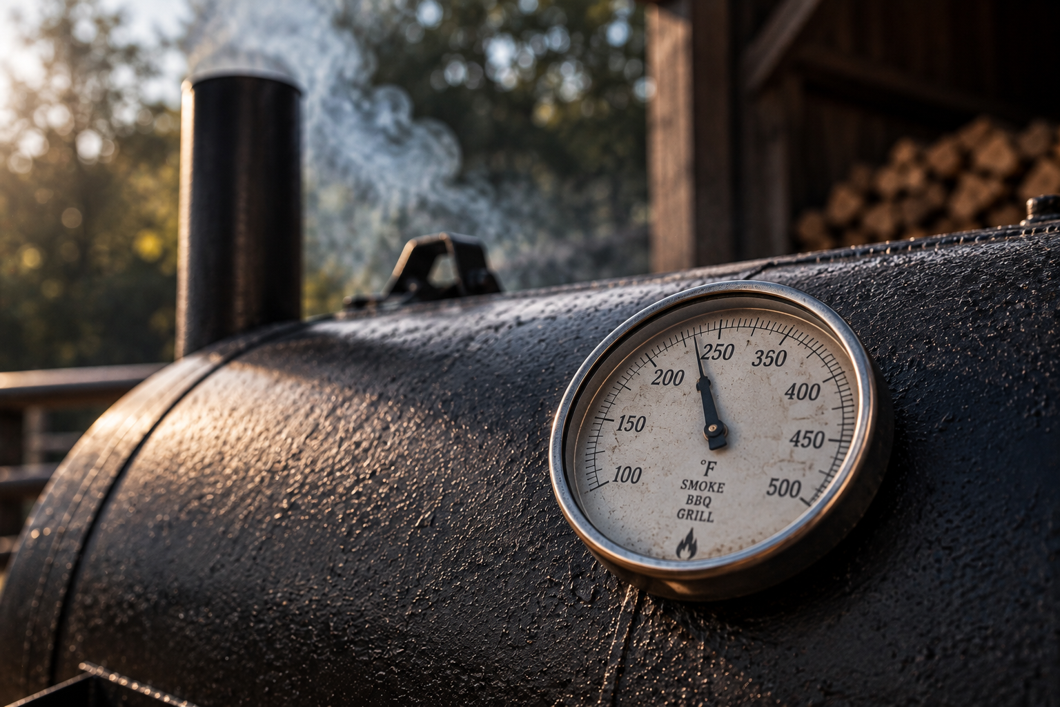 Smoker temperature gauge holding near 250°F with thin smoke from the chimney