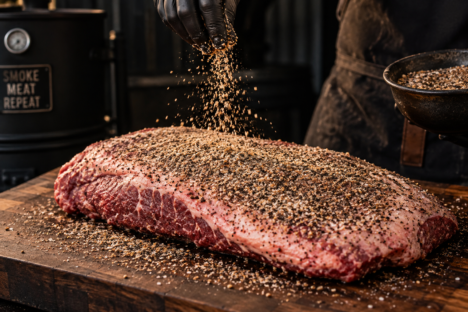 Seasoning a trimmed brisket evenly with coarse salt and black pepper
