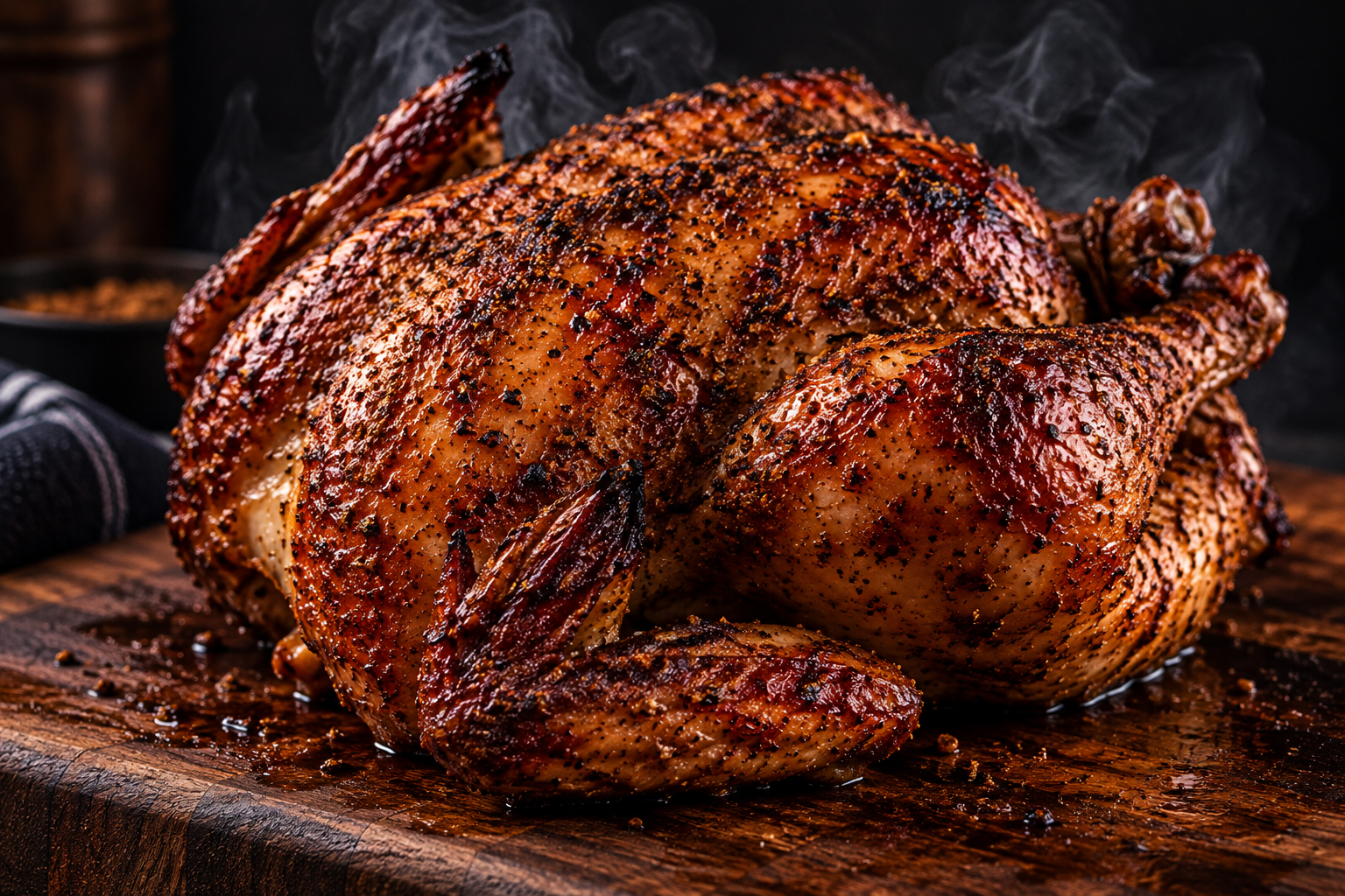 Whole smoked chicken with golden-brown seasoned skin and crisp exterior