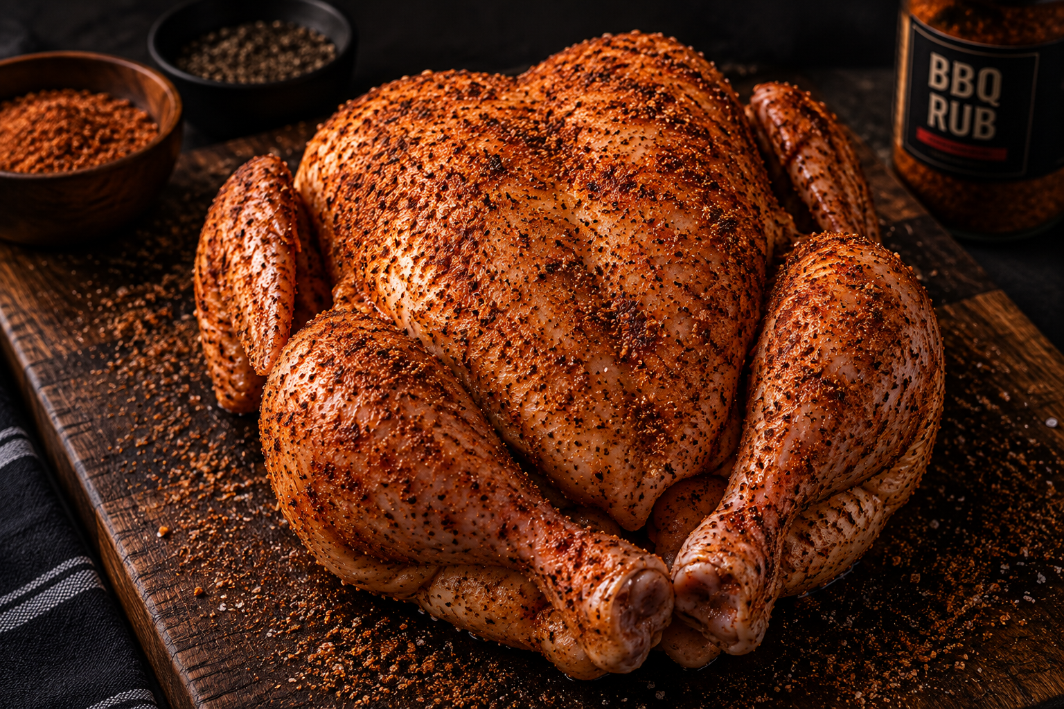Whole chicken evenly coated with barbecue seasoning before smoking