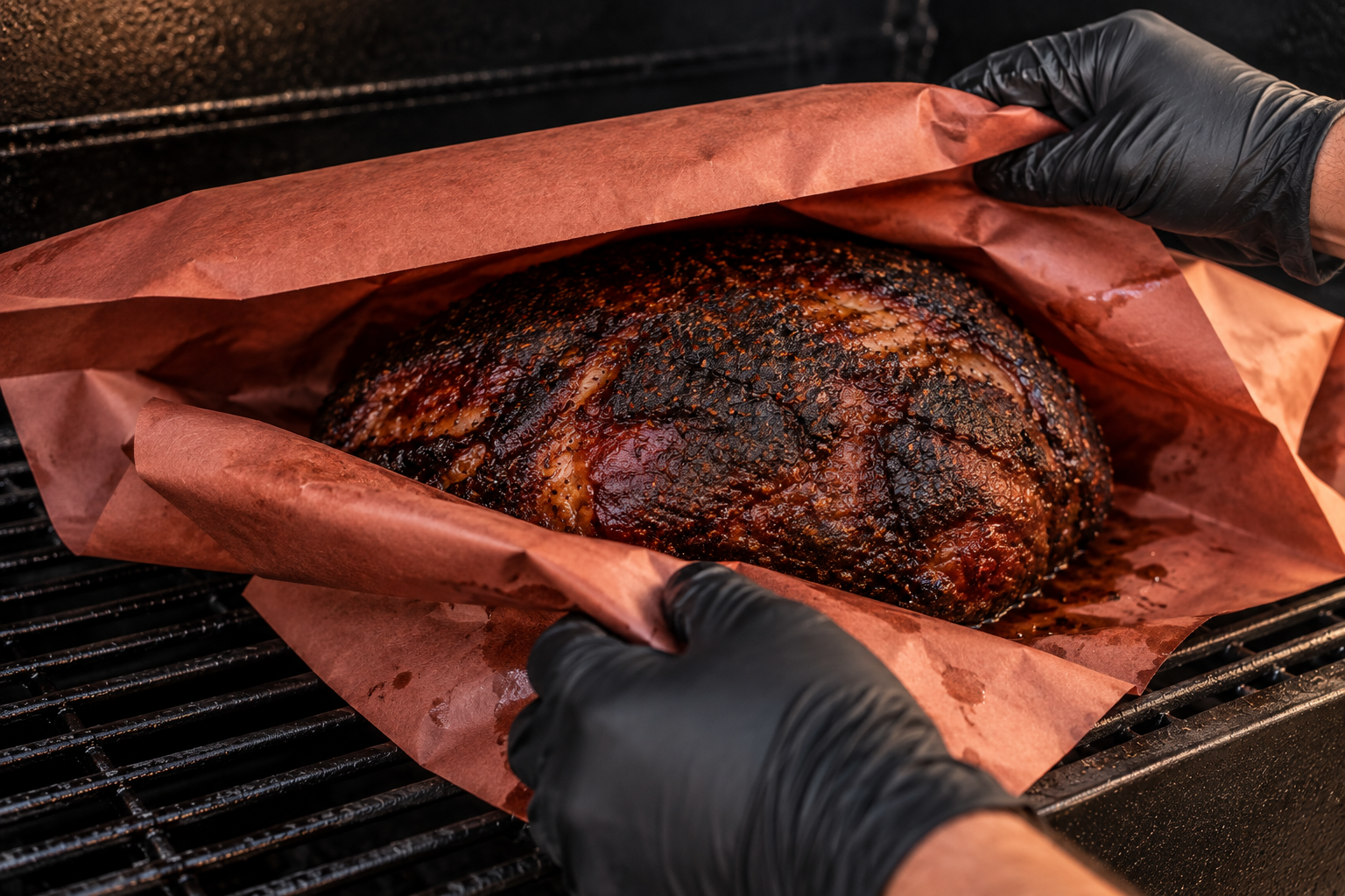 Pork butt being wrapped in butcher paper after the bark has set