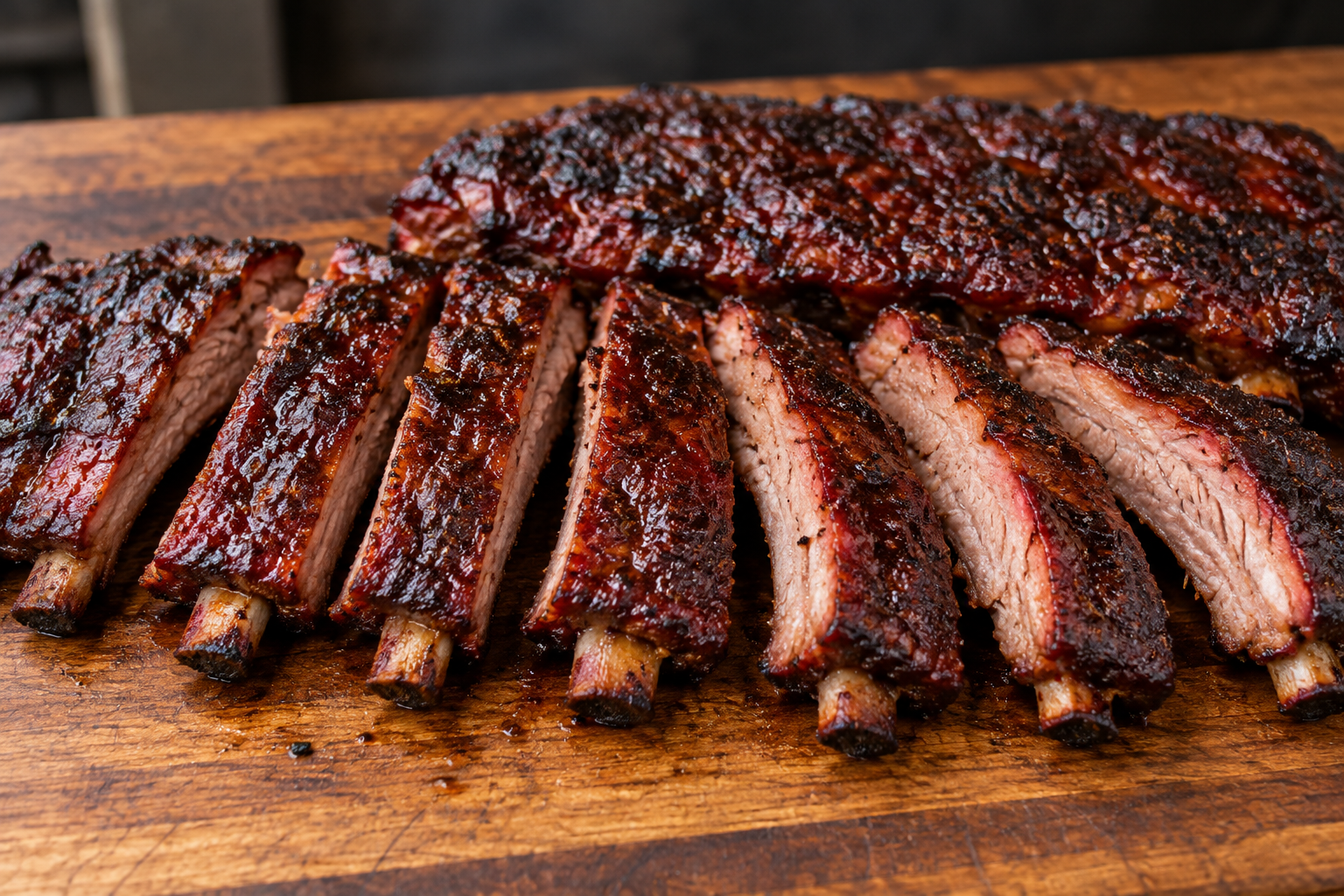 Sliced smoked pork ribs with dark bark and a juicy interior