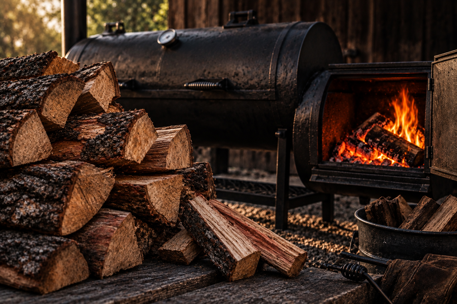 Seasoned hardwood splits beside an offset smoker with a clean fire burning