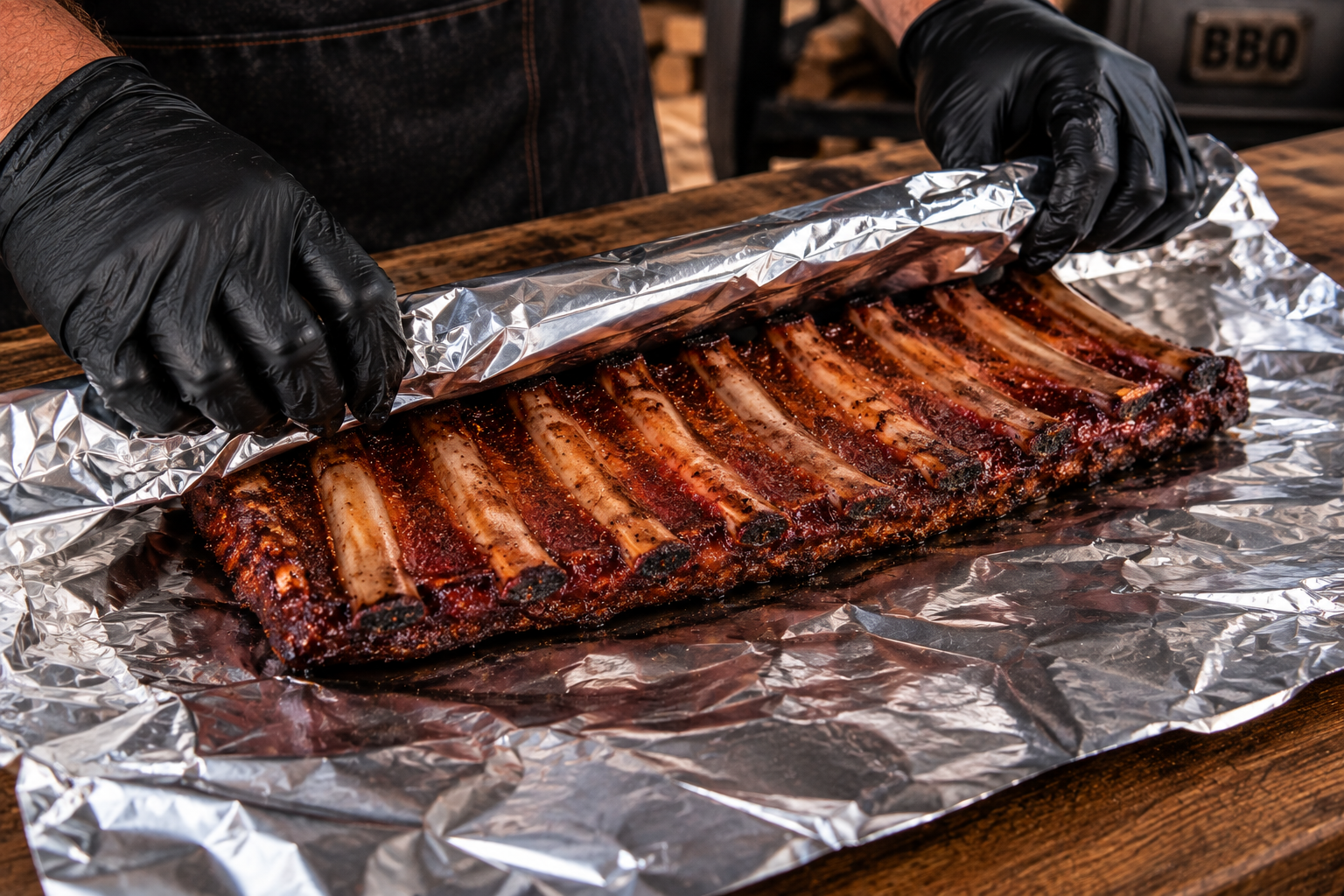 Wrapping smoked pork ribs tightly in aluminum foil after the bark has set