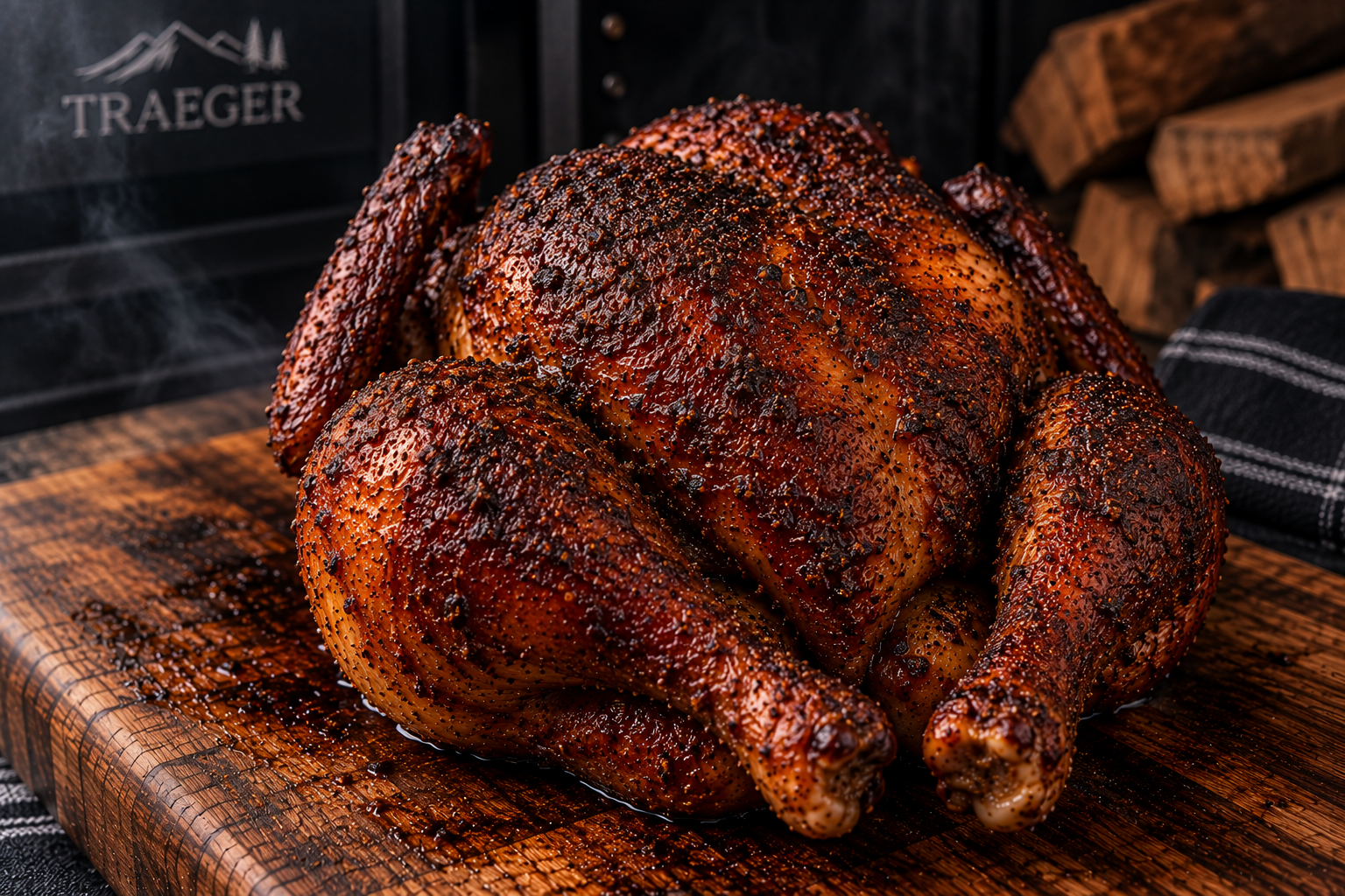 Whole smoked chicken resting uncovered on a cutting board before carving