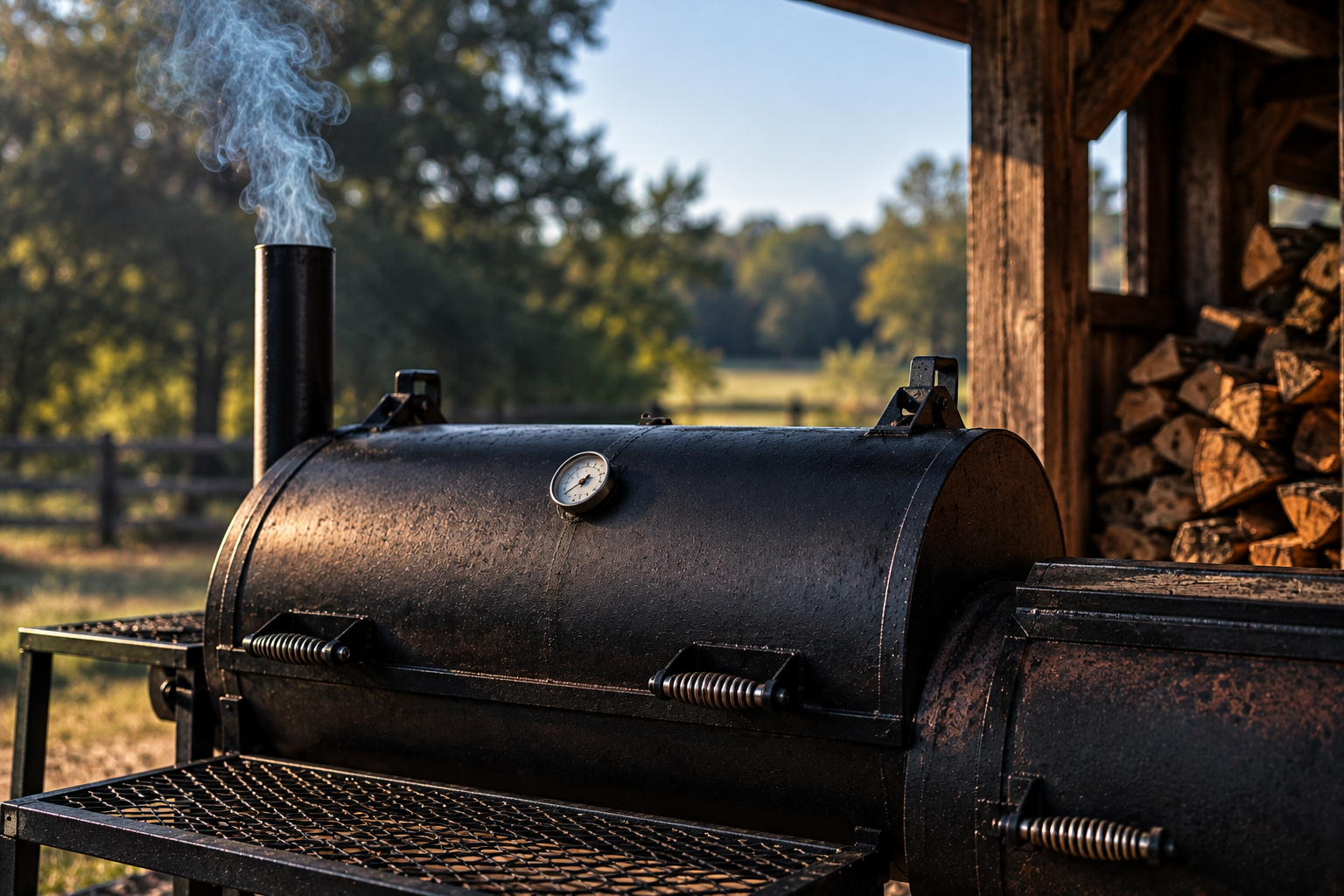 Offset smoker producing thin, clean smoke from the chimney