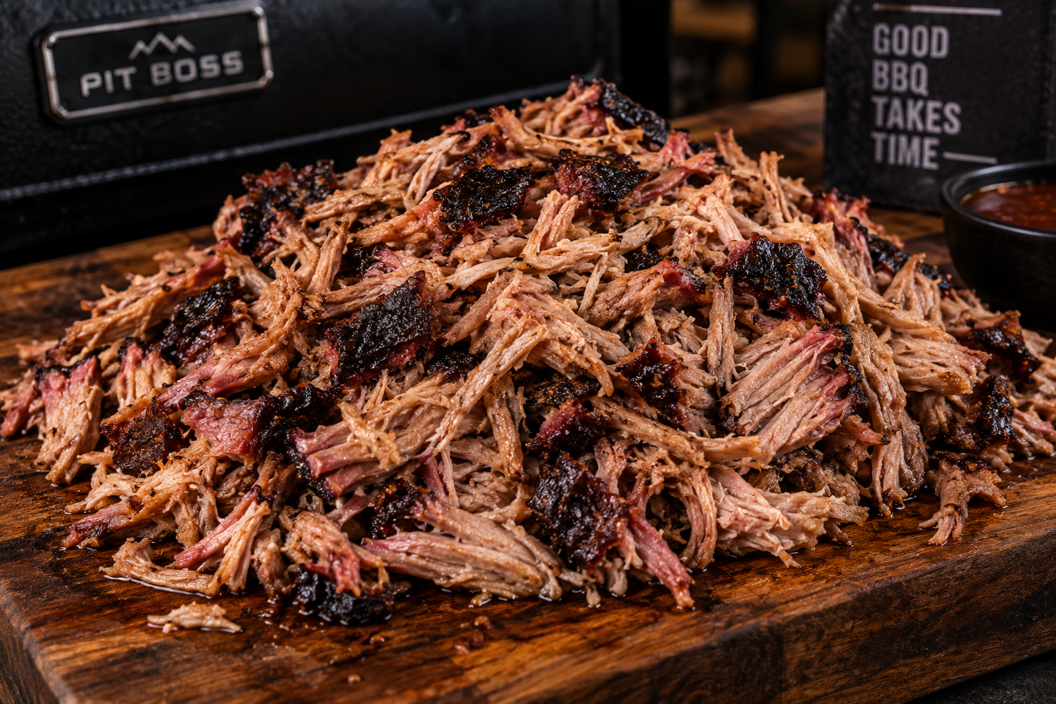 Pulled smoked pork butt with bark mixed throughout the tender meat