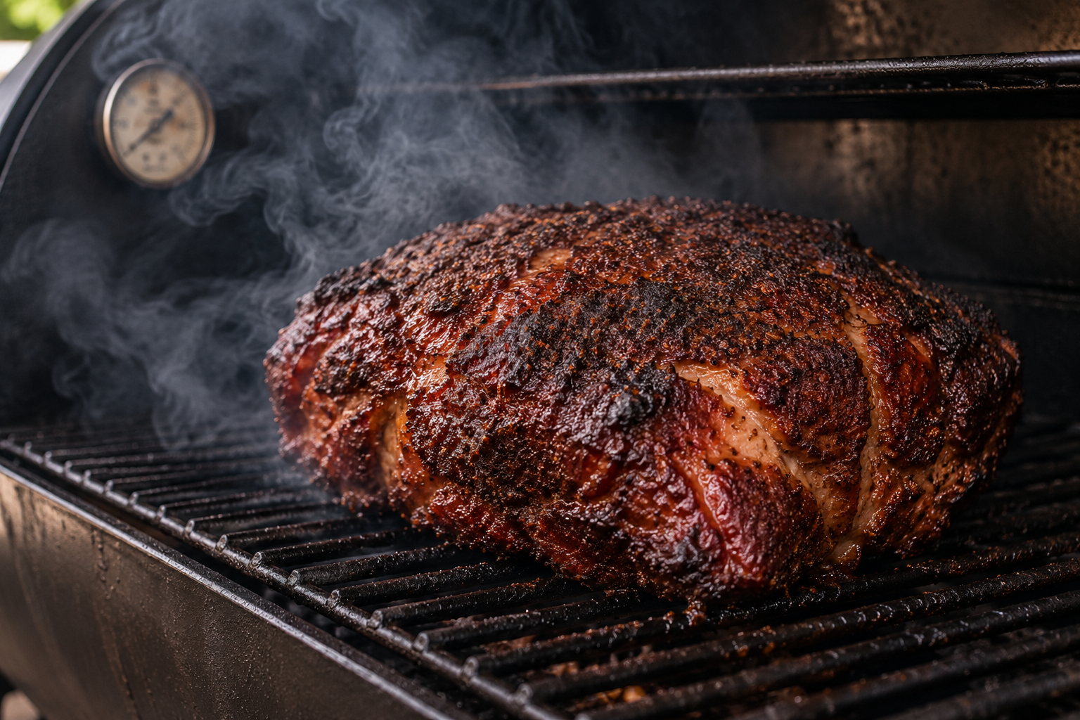 Smoked pork butt developing a dark bark inside an offset smoker