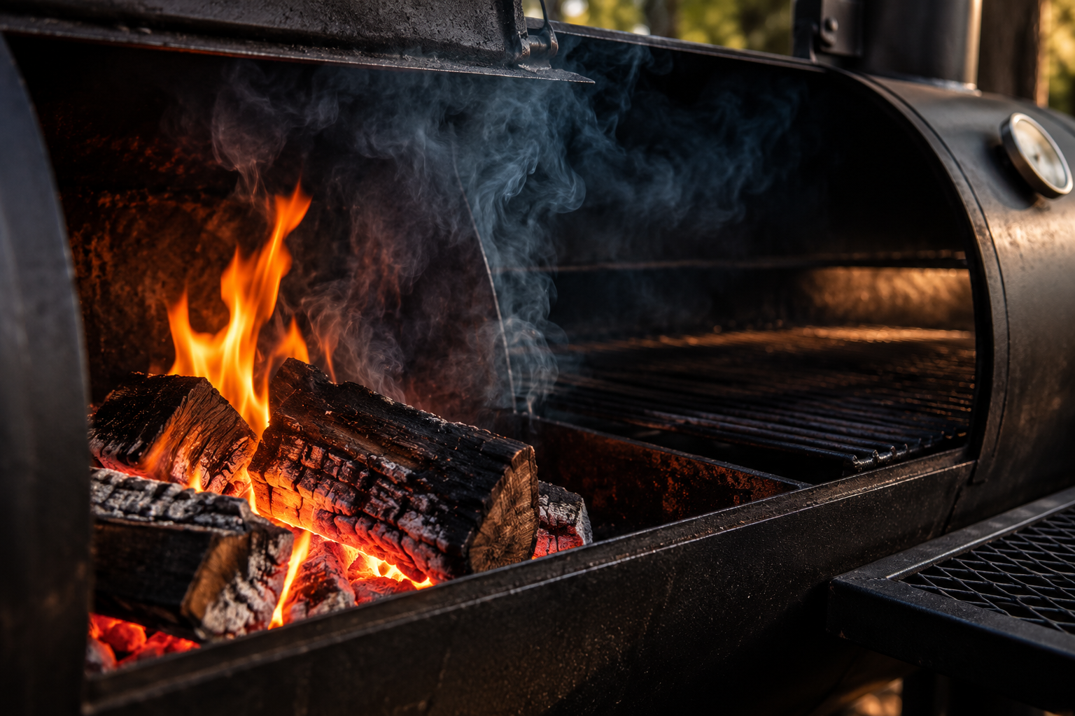 Wood fire burning cleanly in an offset smoker for smoking ribs