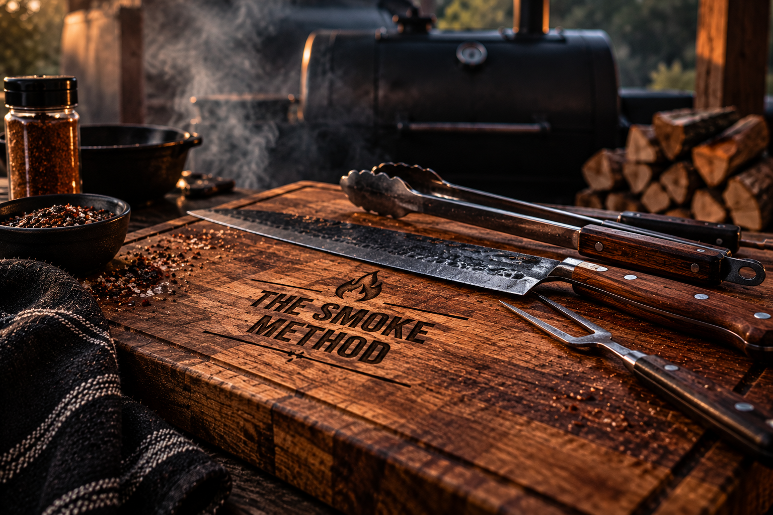 BBQ tools on a wooden cutting board featuring The Smoke Method logo, with an offset smoker and firewood in the background.