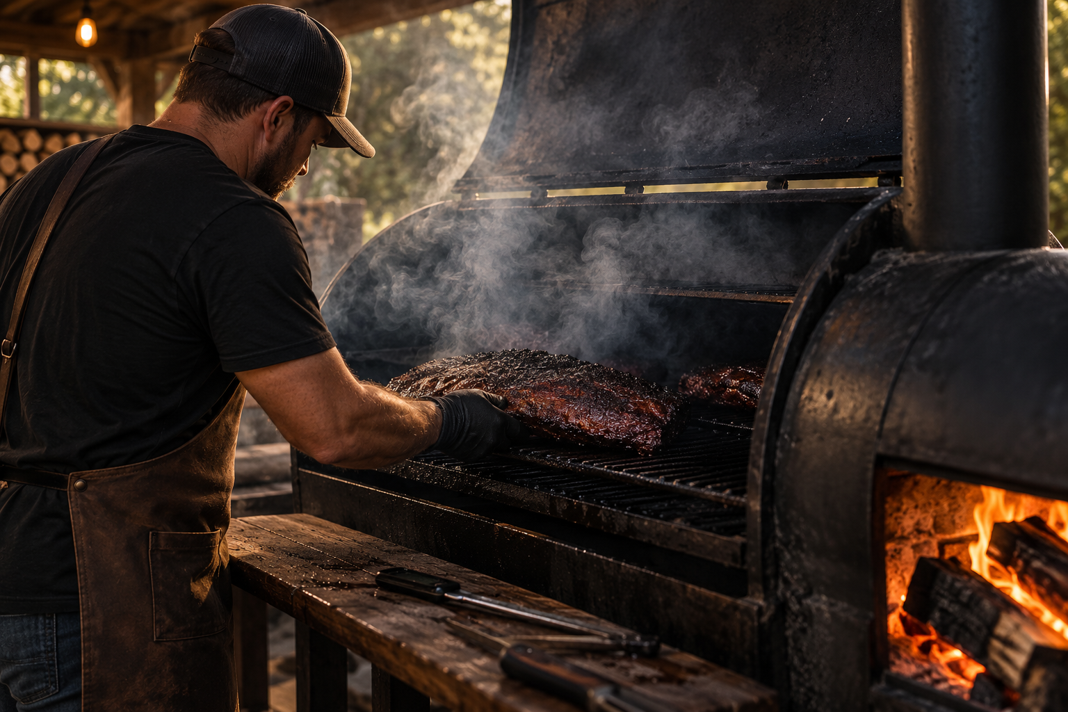 Pitmaster tending meat on an offset smoker with a wood fire burning in the firebox.