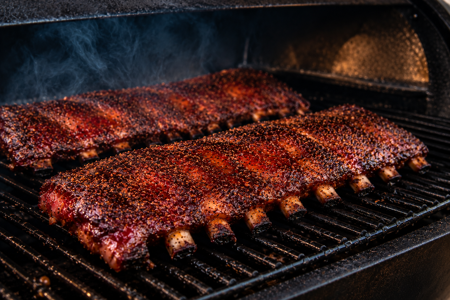 Racks of seasoned pork ribs smoking meat-side up in a smoker