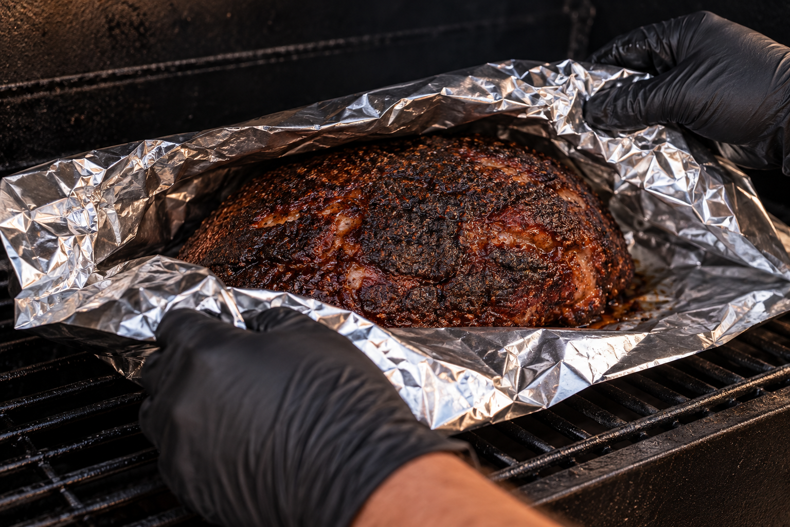 Pork butt being wrapped tightly in aluminum foil after the bark has set