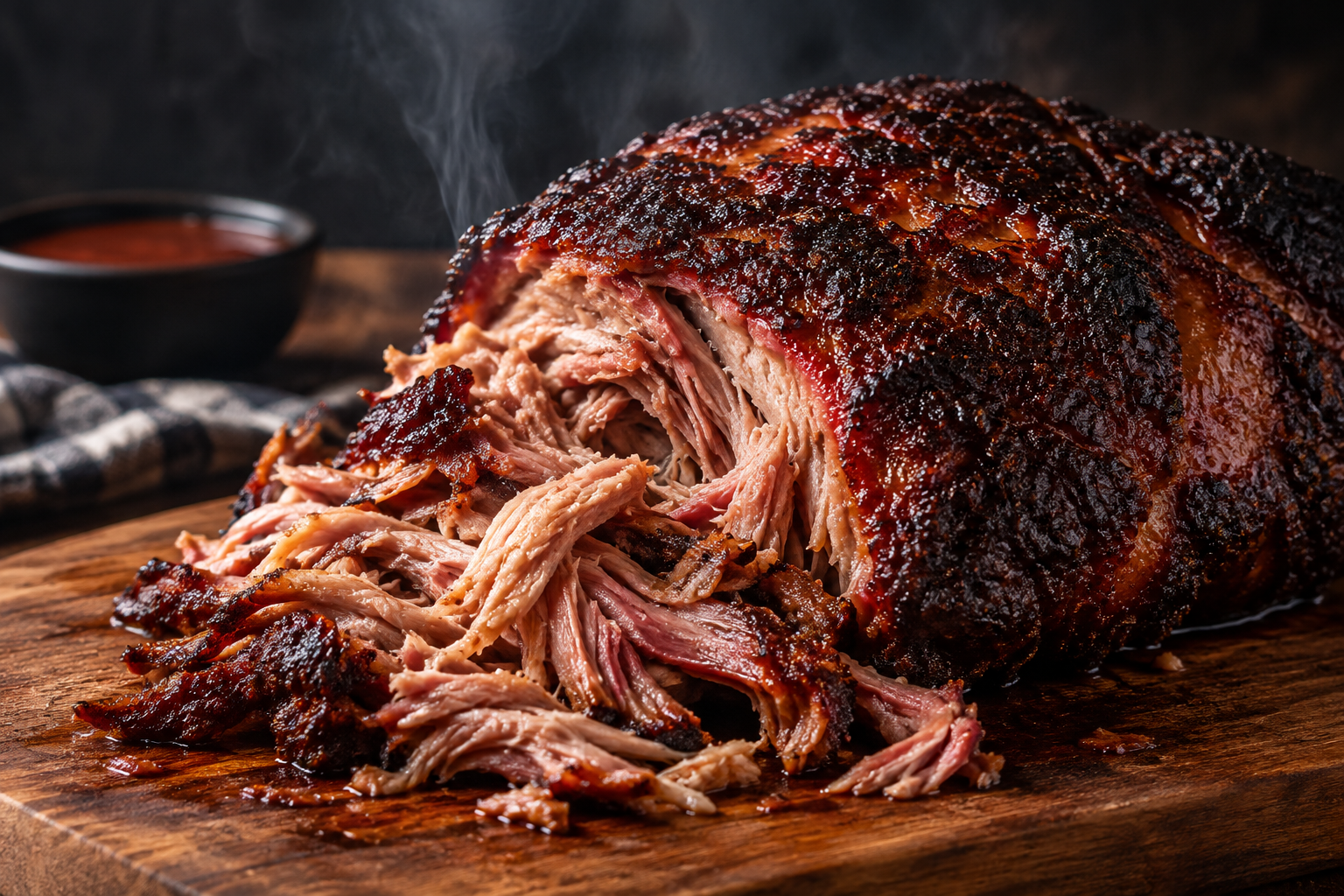 Smoked pulled pork with dark bark and tender, juicy shredded meat