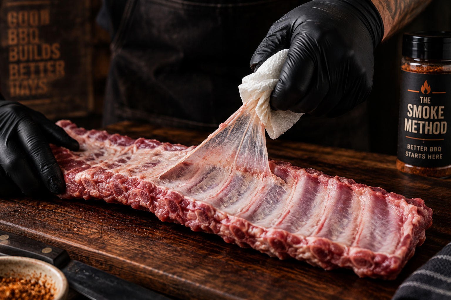 Removing the membrane from the back of a rack of pork ribs