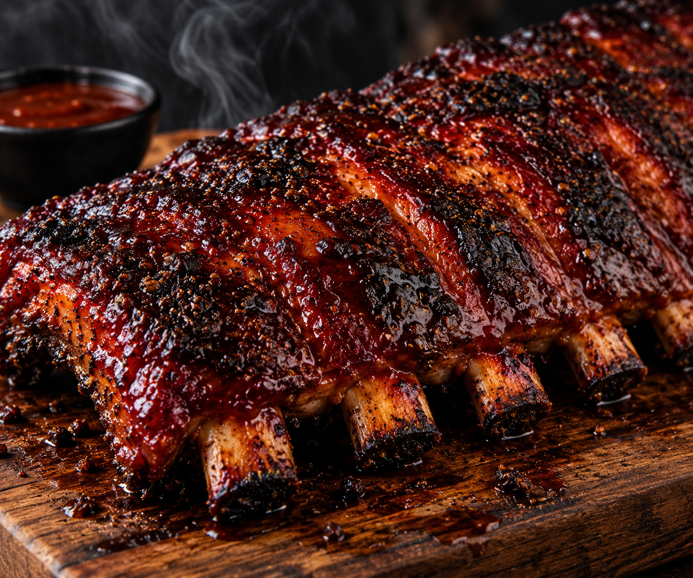 Smoked ribs with dark bark, caramelized seasoning, and exposed rib bones