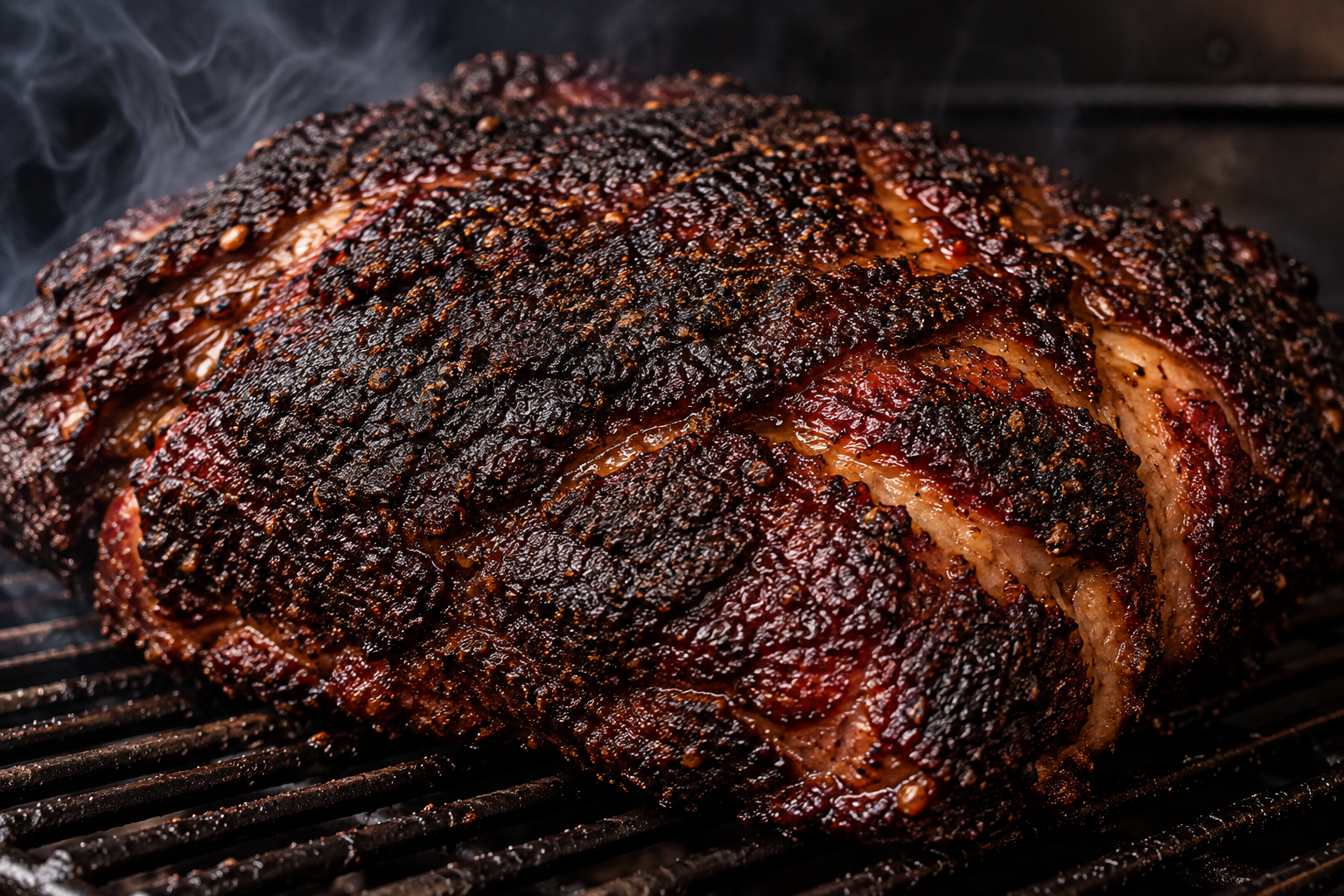 Smoked pork butt with dark, firm bark set and ready to wrap