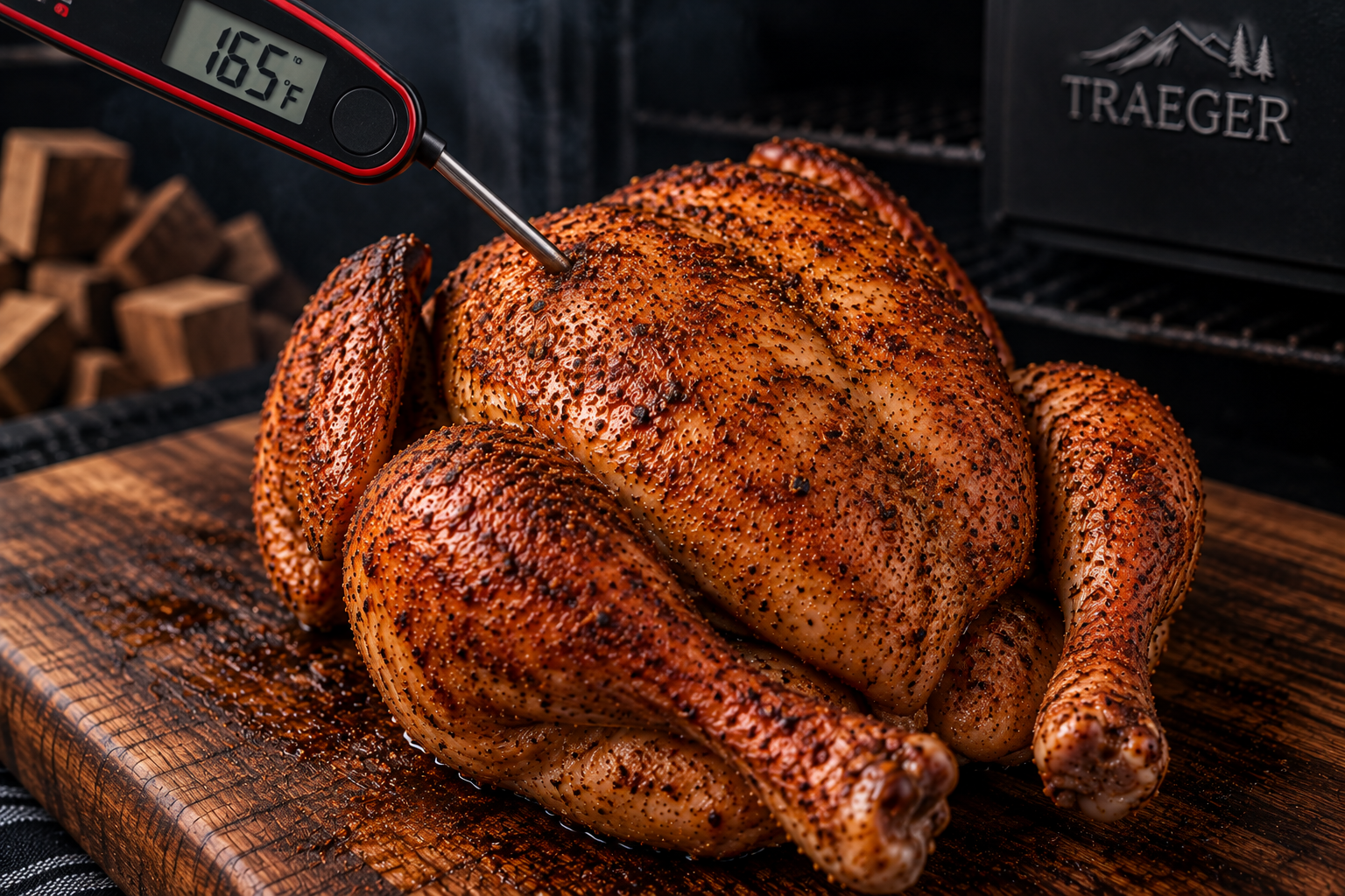 Meat thermometer checking the thickest part of a smoked chicken breast for doneness